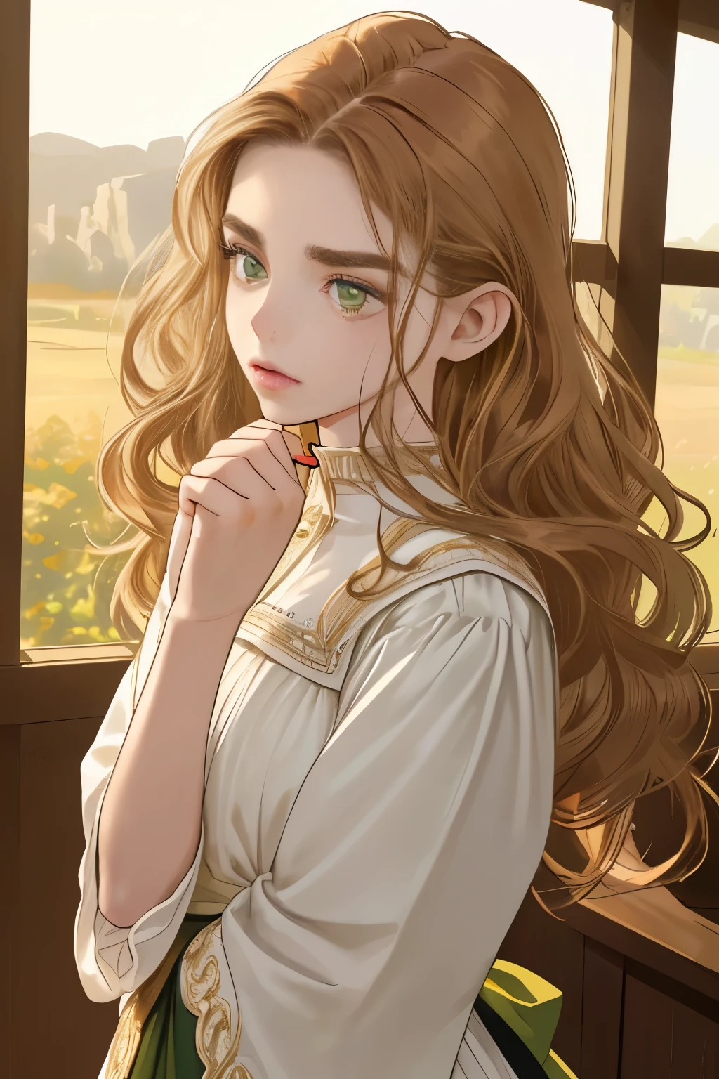 girl's age group: youth, girl's figure: slender, girl's hair color: chestnut brown, hair length: medium-length, hair type: wavy, no bangs, no specific hairstyle, girl's eye color: light green, eye type: sharp, pupil type: normal, girl's eyebrow color: chestnut brown, eyebrow shape: sharp and thin, girl's skin color: fair, no other noticeable characteristics
camera direction: girl facing the camera, lens focuses on girl's face and upper body
body pose: girl standing, facing forward, hands clasped before chest
expression: calm yet intense, with a hint of desire
action: girl just kissed the nape of the boy's neck from behind and withdrew
state of dress: wearing typical priest attire
current location: stone abbey library
time: dusk, soft golden lighting