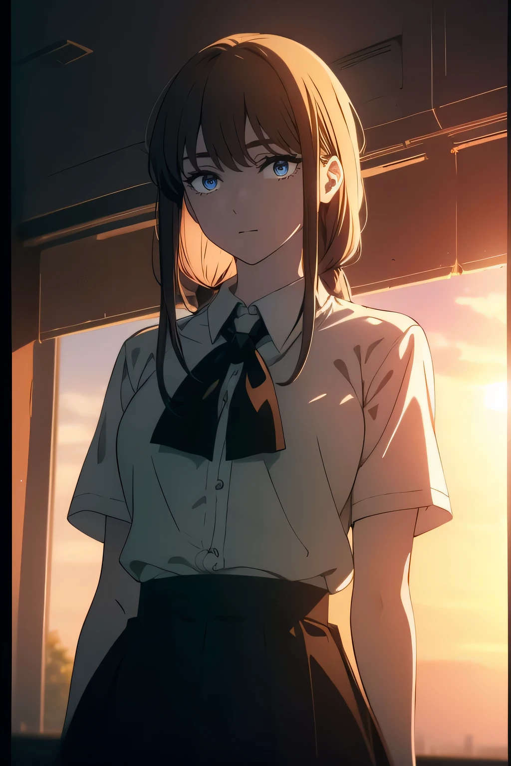 (((Obra maestra, La mejor calidad, ultrahigh resolution))), 1girl, standing, school uniform, white office shirt, black pleated skirt, ((light brown hair:0.7)), long hair cut, pale skin, ((blue eyes)), glowing_eyes, neon eyes, (((ultra detailed eyes, beautiful and detailed face, detailed eyes))), ((centered)), smile, ((wide shot)), facing viewer, eye level, (blurry background, sunset background, on top of building view), flat chested, looking at viewer, ((half closed eyes)), ((perfect hands)), (((head, arms, hips, elbows, in view))), ((hands behind back)), empty eyes, beautiful lighting, outside, outdoors, shooting star:0.7, background, defined subject, (summer lighting), 25 years old