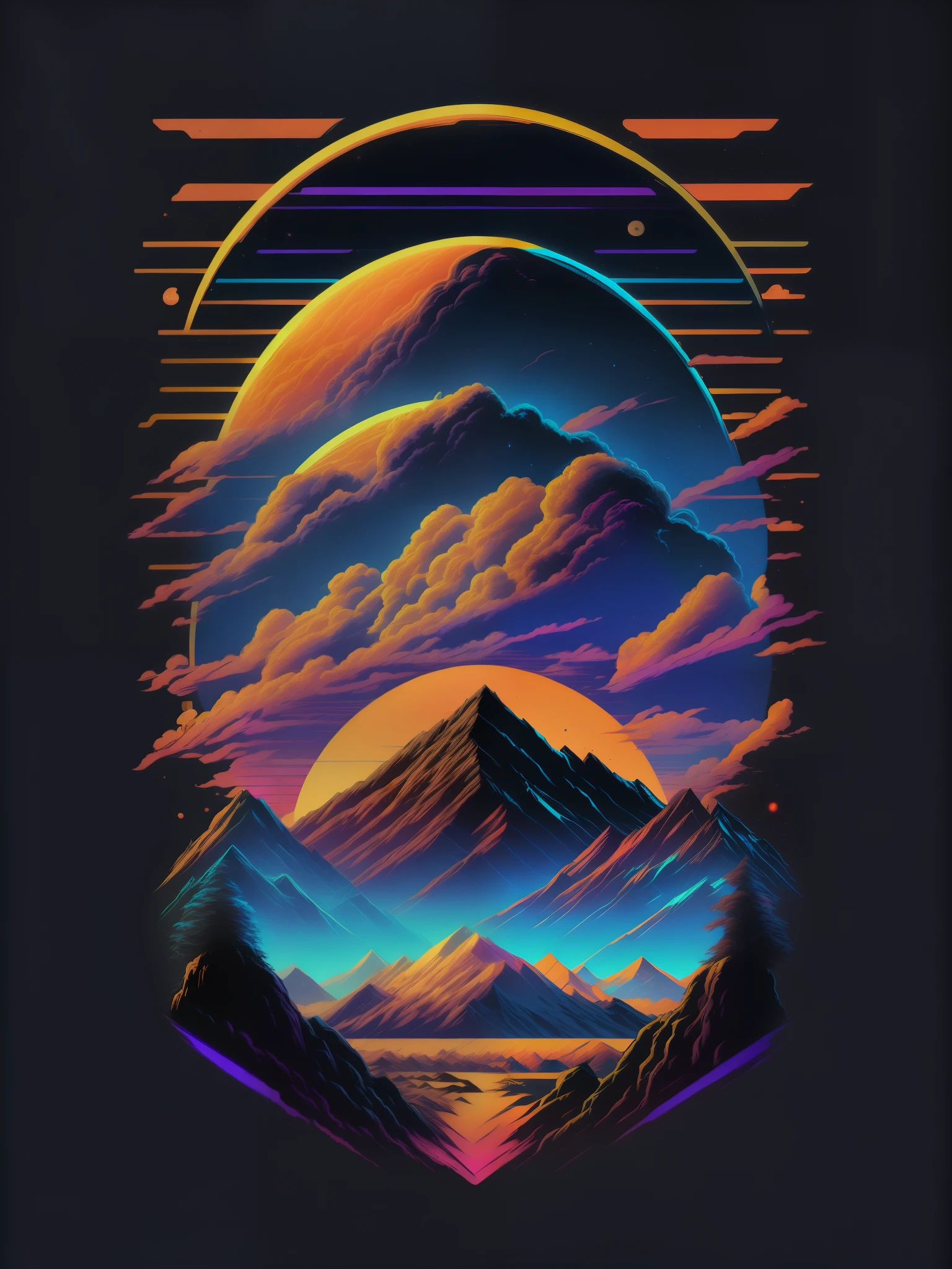 interstellar clouds, 80's vector image, T-shirt design, isolated, black background, blue orange illustration and purple only