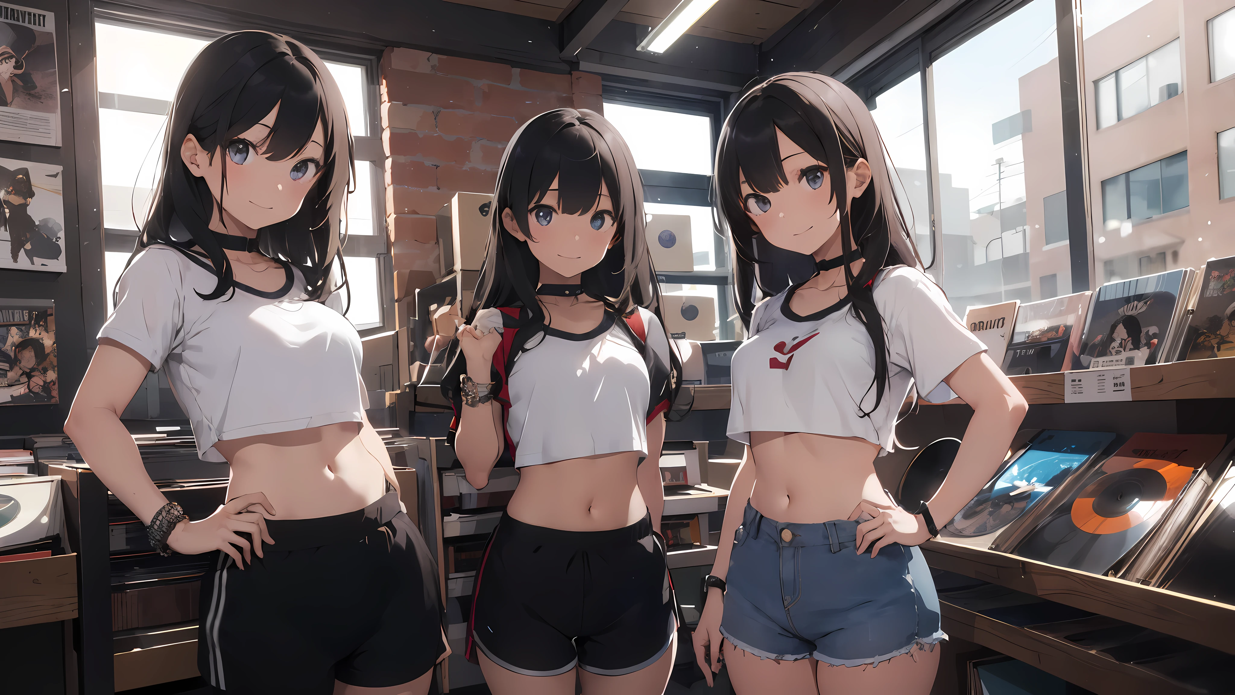 ((3girls)), 18 year old girls, long hair with bangs, ((bangs)), big sad eyes, sweet smile, small breasts, thin hips, choker collar, bracelets on wrists, crop top gym top, gym shorts, standing, hand on hip, open door, open window, record store, records, vinyl, evening, nighttime, dramatic lighting, cinematic lighting, masterpiece, best quality