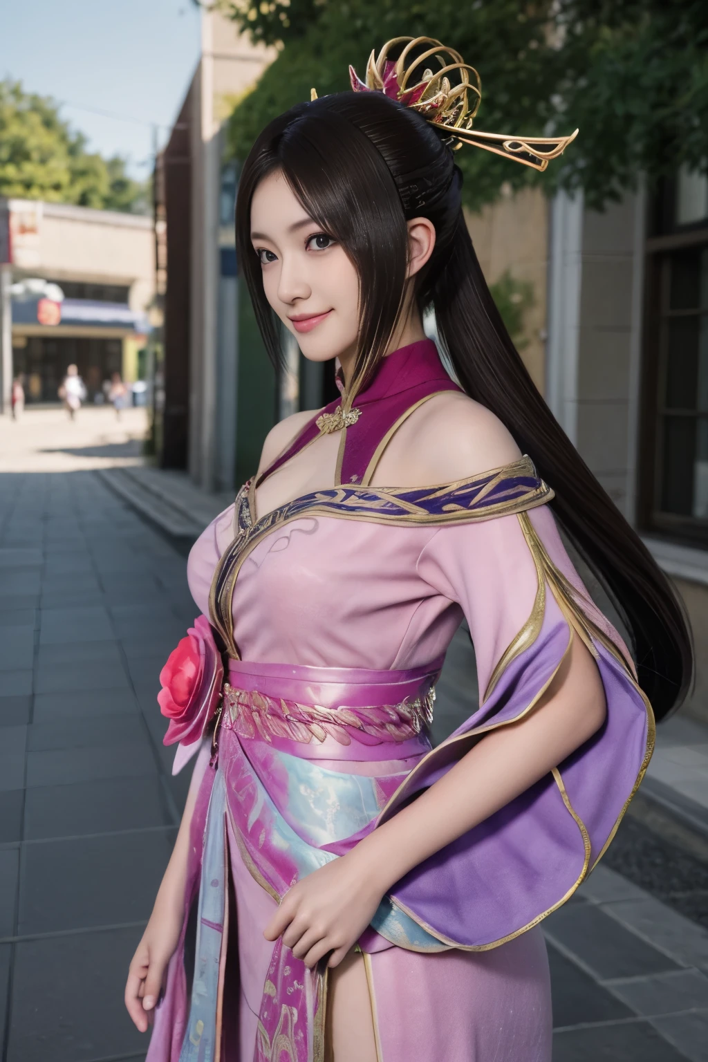 Diaochan from Sangoku Musou 8,超reality的な,hair ornaments,Perfect Diaochan costume,twin tail star piece、1 cute girl、 high school stud eyes、puffy eyes、bright outdoors,Bright downtown、highest quality, 超High resolution, (reality: 1.4), movie lighting、Japanese、asian beauty、Korean、super beautiful、beautiful skin、body facing forward、whole body,Upper body、(超reality的な)、(High resolution)、(8k)、(very detailed)、(美しくfine eyes)、(Super detailed)、 (wall-)、detailed face、bright lighting、professional lighting、looking at the viewer、look straight ahead、slanted bangs、brown hair、Nogizaka Idol、