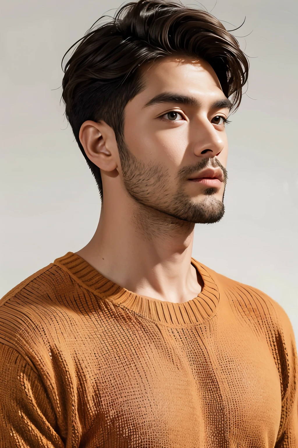Homem bonito,barba,retrato da parte superior do corpo,orange sweater,fundo branco,