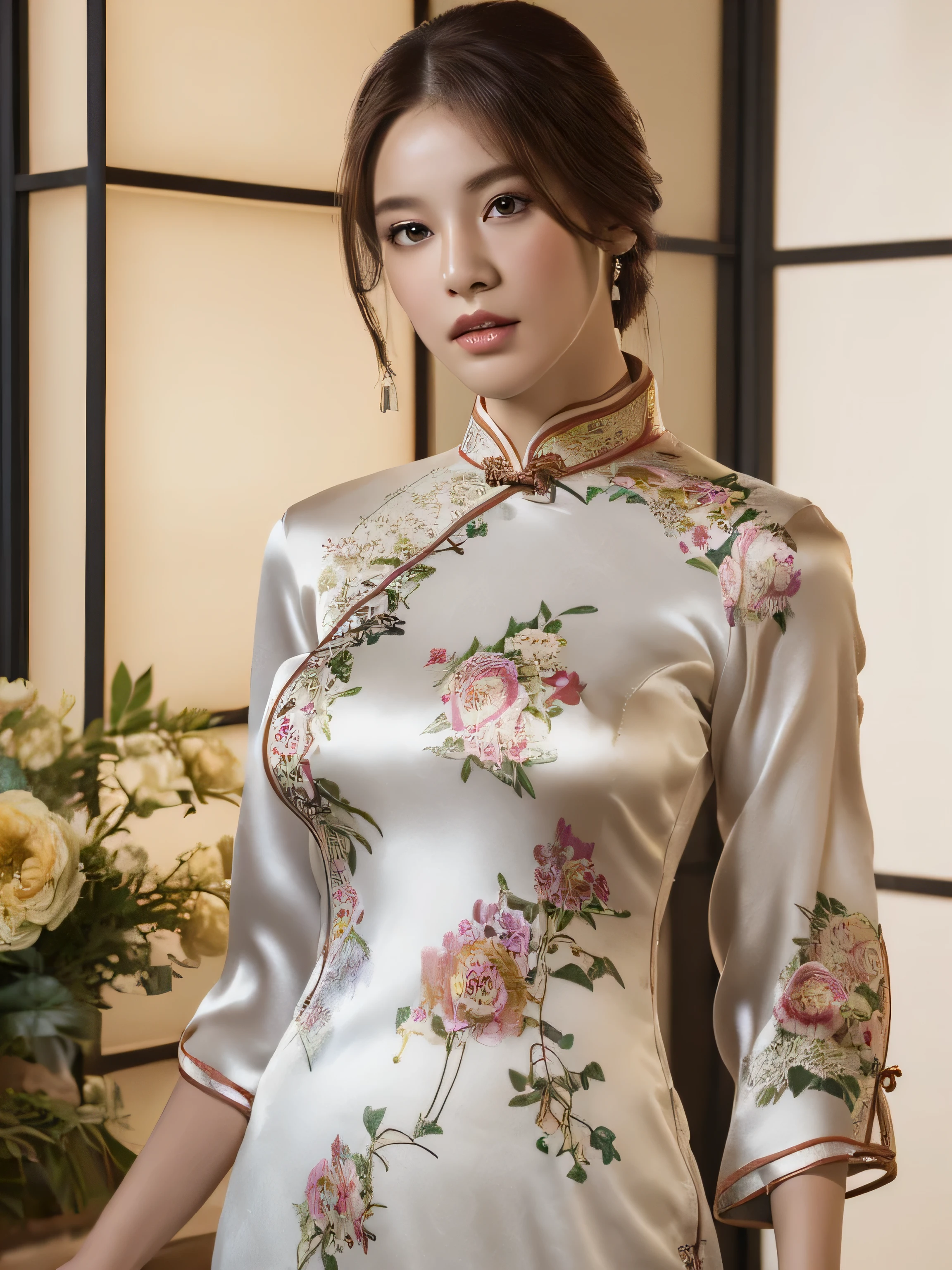 ((realistic lighting, highest quality, 8k, masterpiece: 1.3)), clear focus: 1.2, 1 girl, perfect body beauty: 1.4, slim abs: 1.1, ((dark brown hair, big breasts: 1.3)), (Silk white floral cheongsam dress: 1.4), (Home, night: 1.1), whole body, long legs, window glass, super detailed face, fine eyes, double eyelid