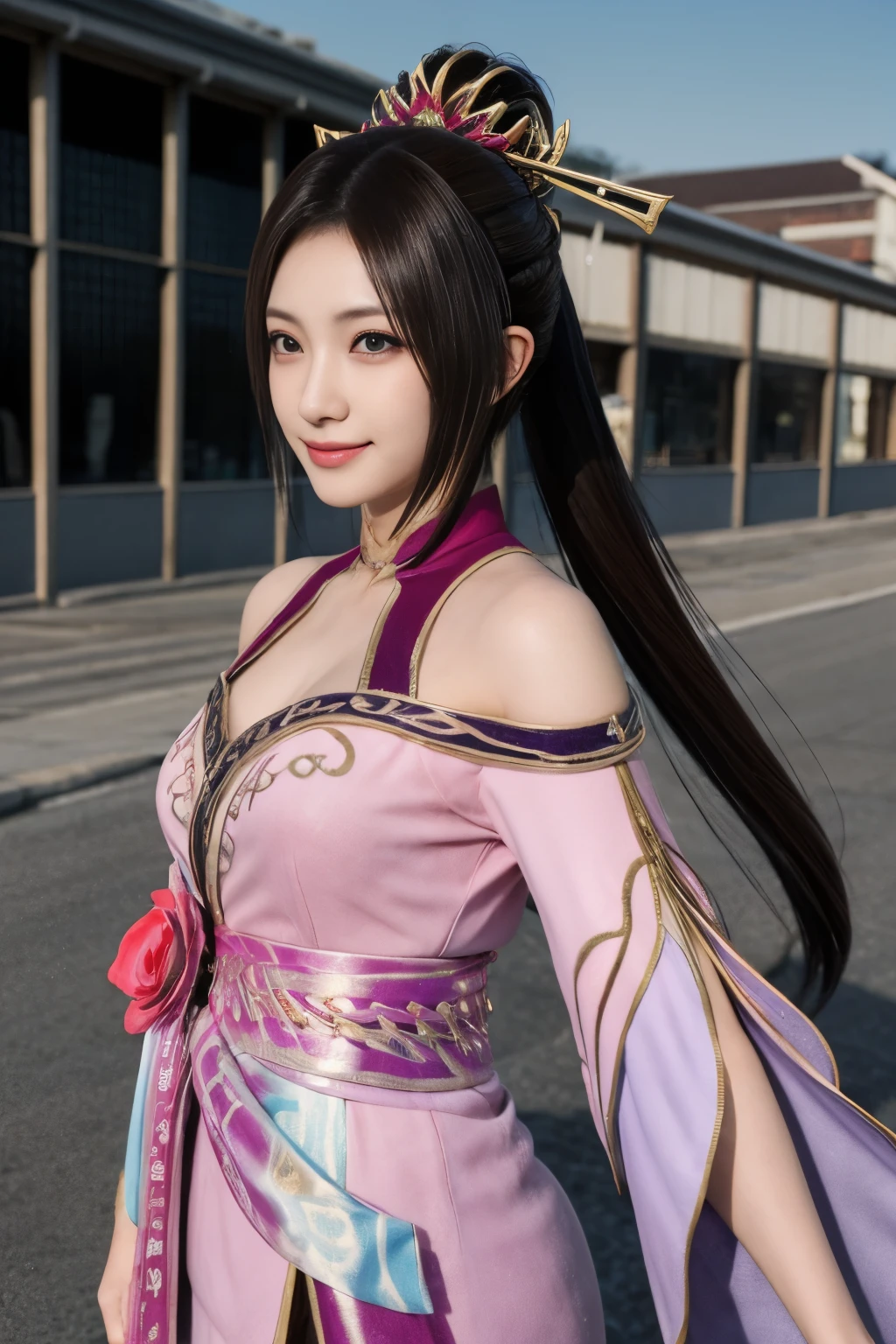 Diaochan from Sangoku Musou 8,超reality的な,hair ornaments,Perfect Diaochan costume,twin tail star piece、1 cute girl、17 year old high school student、smile,fine eyes、puffy eyes、bright outdoors,Bright downtown、highest quality, 超High resolution, (reality: 1.4), movie lighting、Japanese、asian beauty、Korean、super beautiful、beautiful skin、body facing forward、whole body,Upper body、(超reality的な)、(High resolution)、(8k)、(very detailed)、(美しくfine eyes)、(Super detailed)、 (wall-)、detailed face、bright lighting、professional lighting、looking at the viewer、look straight ahead、slanted bangs、brown hair、Nogizaka Idol、