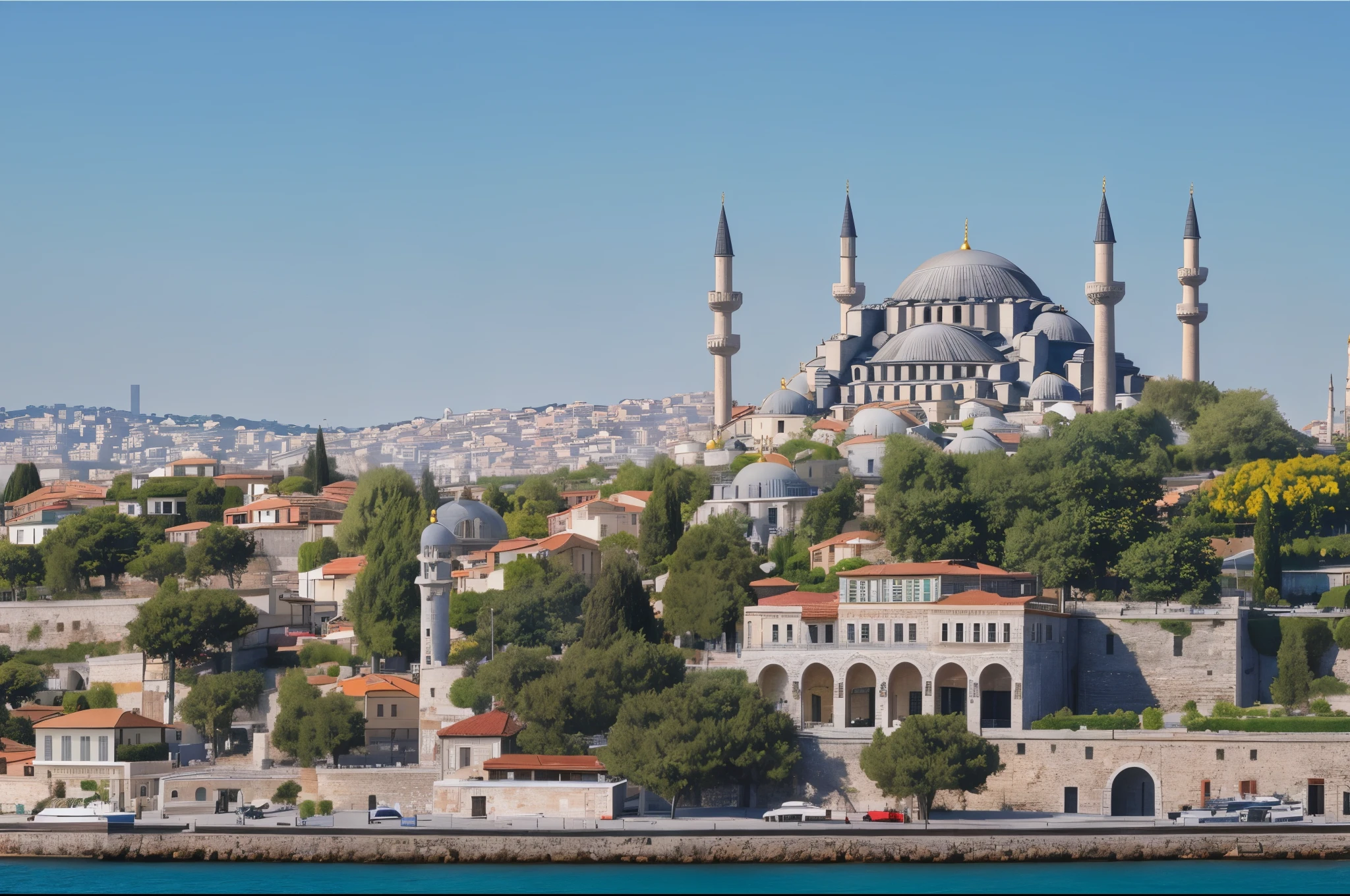 (Masterpiece, Best Quality), Highres, (8k resolution), Photorealistic, (Cityscape panoramas, Panoramic Cityscapes), View from the sea, Water-level shot, (Horizontal coast, Horizontal Horizon coast line), Reflection in water, (City of Istanbul, Sainte Sophie), (Breathtaking details, Intricate details), Stunning realism, Urban contrast, Glimmering sea, Mediterranean charm, Vibrant colors, Captivating light, Urban magnificence, Mediterranean radiance, High reliefs