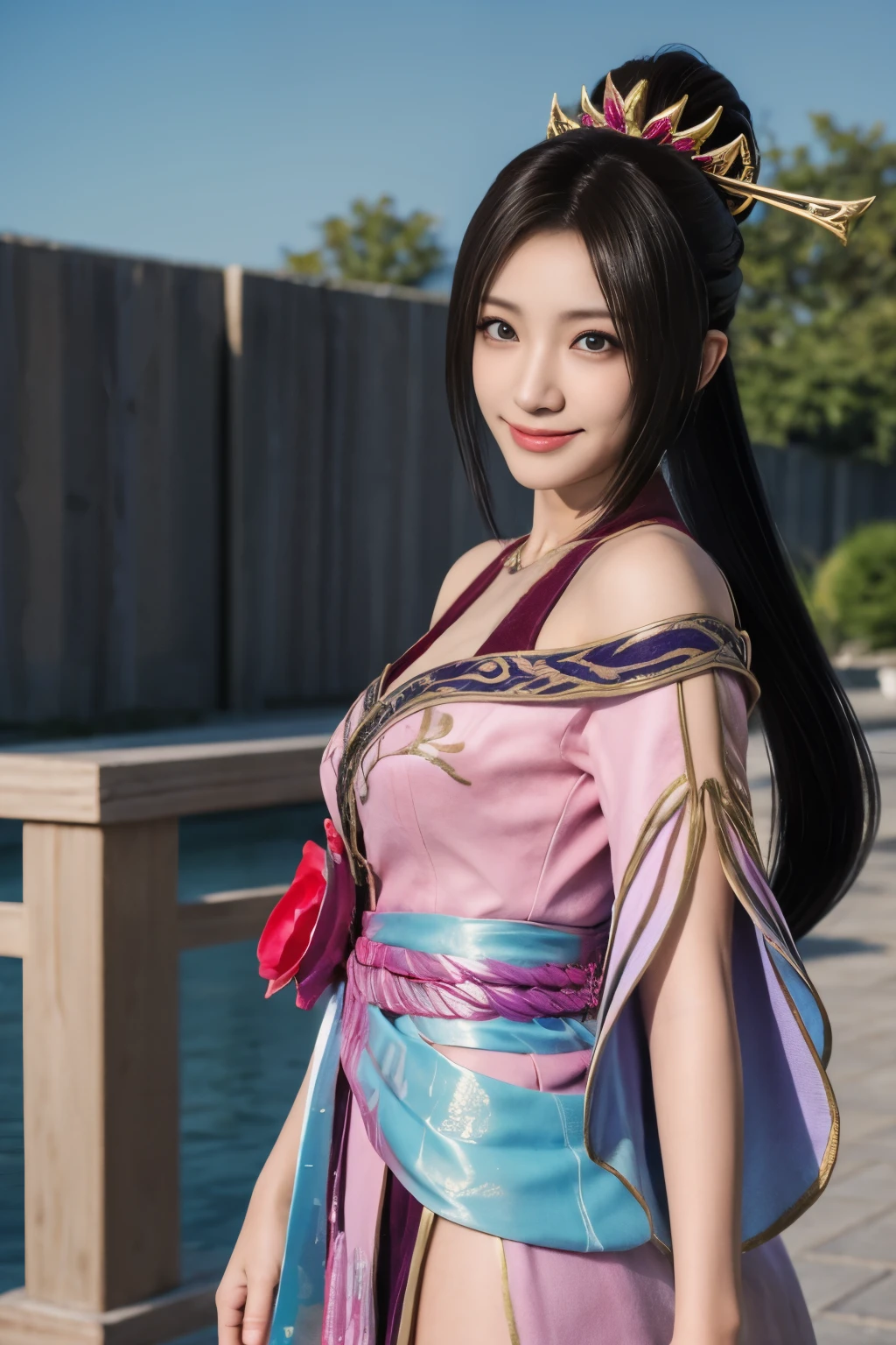 Diaochan from Sangoku Musou 8,超reality的な,hair ornaments,Perfect Diaochan costume,twin tail star piece、1 cute girl、 high school stud eyes、puffy eyes、bright outdoors,Bright downtown、highest quality, 超High resolution, (reality: 1.4), movie lighting、Japanese、asian beauty、Korean、super beautiful、beautiful skin、body facing forward、whole body,Upper body、(超reality的な)、(High resolution)、(8k)、(very detailed)、(美しくfine eyes)、(Super detailed)、 (wall-)、detailed face、bright lighting、professional lighting、looking at the viewer、look straight ahead、slanted bangs、brown hair、Nogizaka Idol、