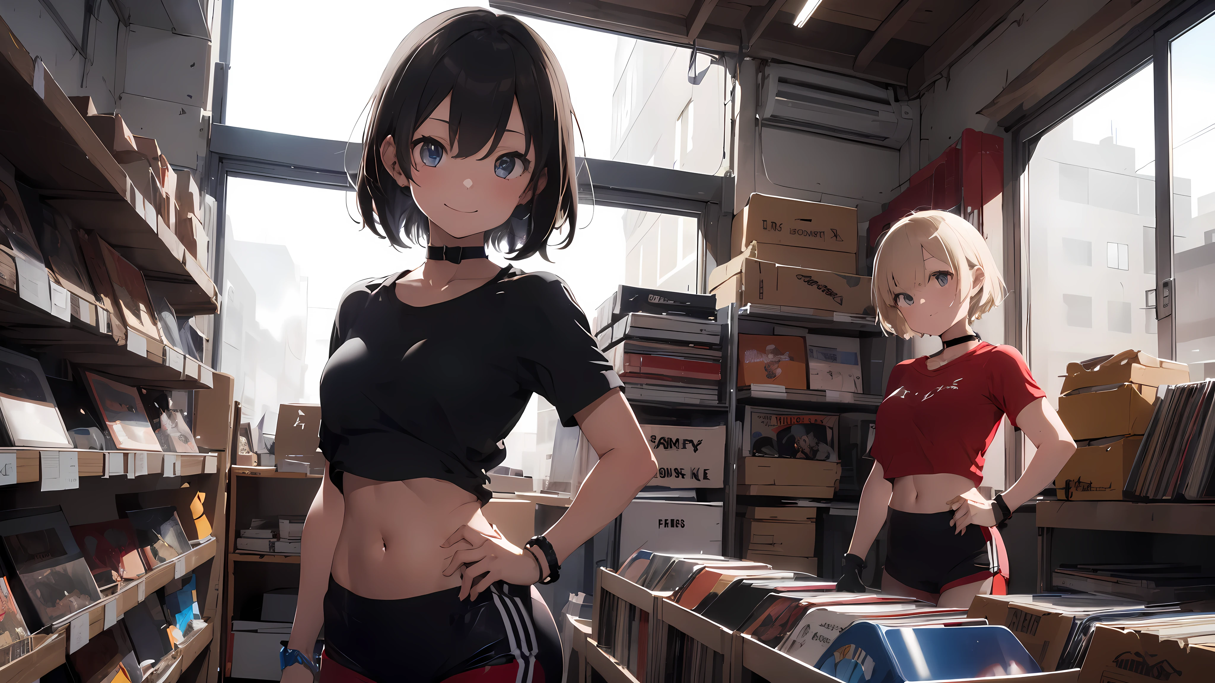 ((1girl)), 18 year old girl, short blonde hair, big sad eyes, sweet smile, small breasts, thin hips, choker collar, wrist bracelets, tight red crop top gym shirt, tight red gym shorts, standing, hand on hip, record store, records, vinyl, open door, open window, evening, nighttime, dramatic lighting, cinematic lighting, masterpiece, best quality