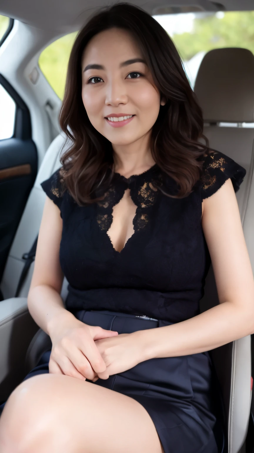 ((highest quality、8k、masterpiece:1.3))、sharp focus, High level image quality, High resolution, portrait, alone, Japanese, middle-aged women, beautiful woman, 48 years old, wavy hair, Clothes that show cleavage, mini skirt, pantyhose, cross your legs、(lift up the skirt:1.3), Close ~ eyes, wrinkles around the eyes, bewitching look, car passenger seat, summer clothes、fascinating look、smile, mouth is open、looking at camera、