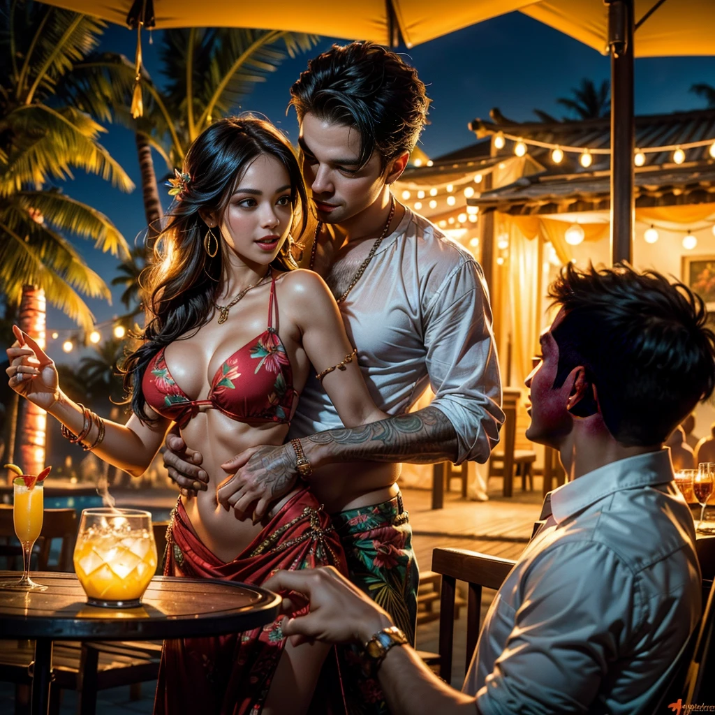 (a smoking hot woman,25,party outfit, she is a secret agent, she is hiding a tracking device on Devito),(short obnoxious guy,danny devito look-alike),(tiki bar),(best quality,4k,8k,highres,masterpiece:1.2),ultra-detailed,festive atmosphere,vibrant colors,cheerful mood,intimate setting,exotic cocktails,fancy decorations,lively music,tropical vibes,stunning sunset,lit tiki torches,steamy ambiance,dance floor,socializing,good times,joyful laughter,fun-filled evening,energetic crowd,(portrait,photography:1.2),(bokeh,soft focus,dramatic lighting),(colorful,contrasting lightischievous,flirtatious glances),(dynamic poses,body language),(playful interaction)