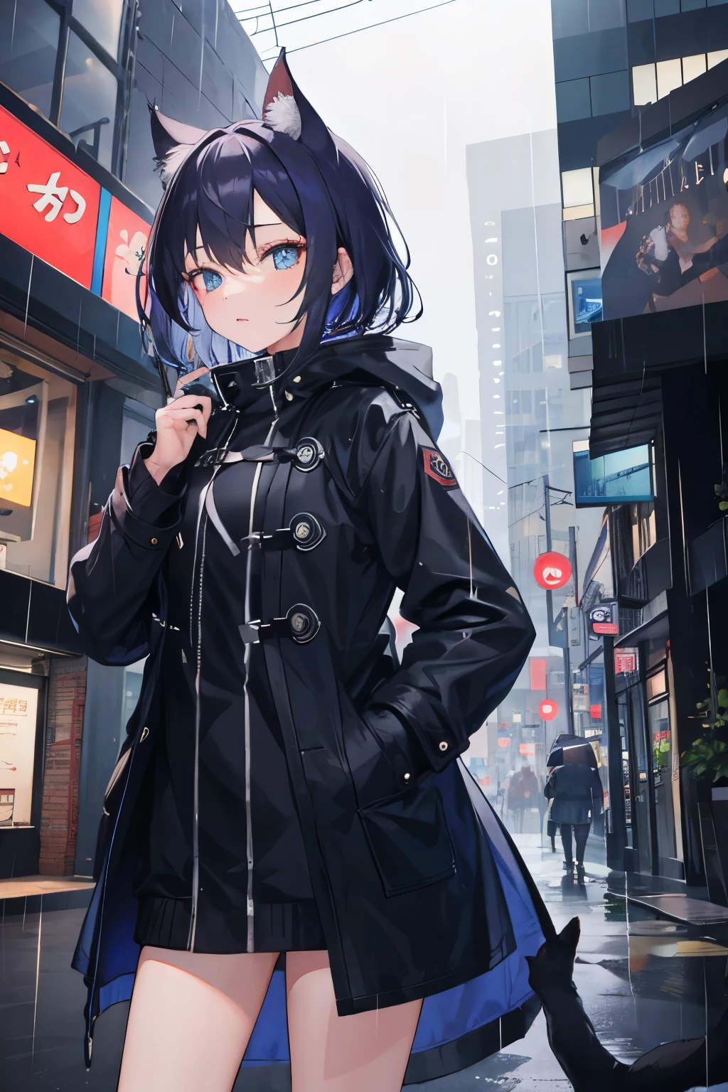 1 girl,City of night,rain,coat,put one's hand in one's pocket,Cat