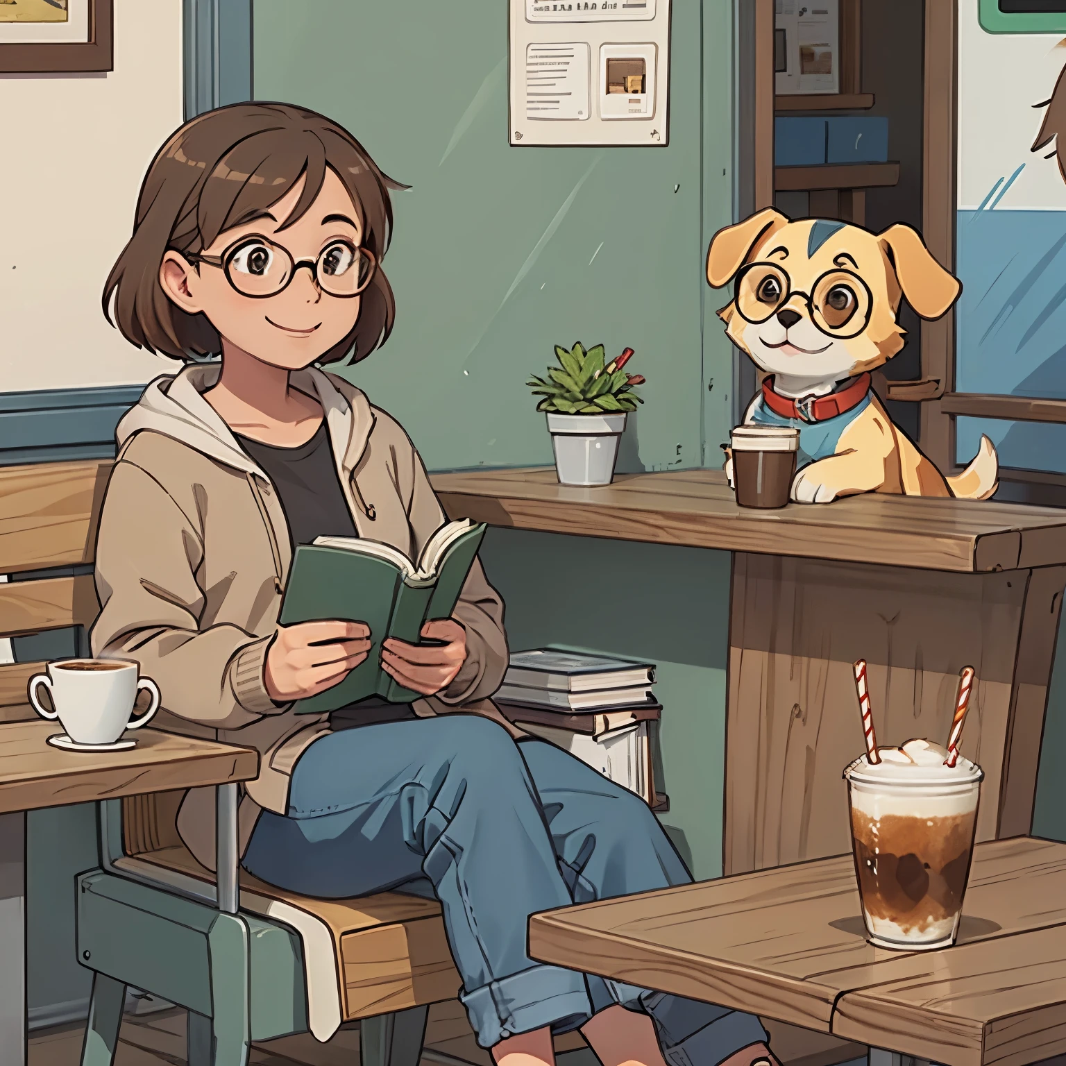 On the road, there is a dog wearing glasses who seems to be reading a book while sitting on a chair next to a coffee shop. The happiness on the dog's face is obvious.