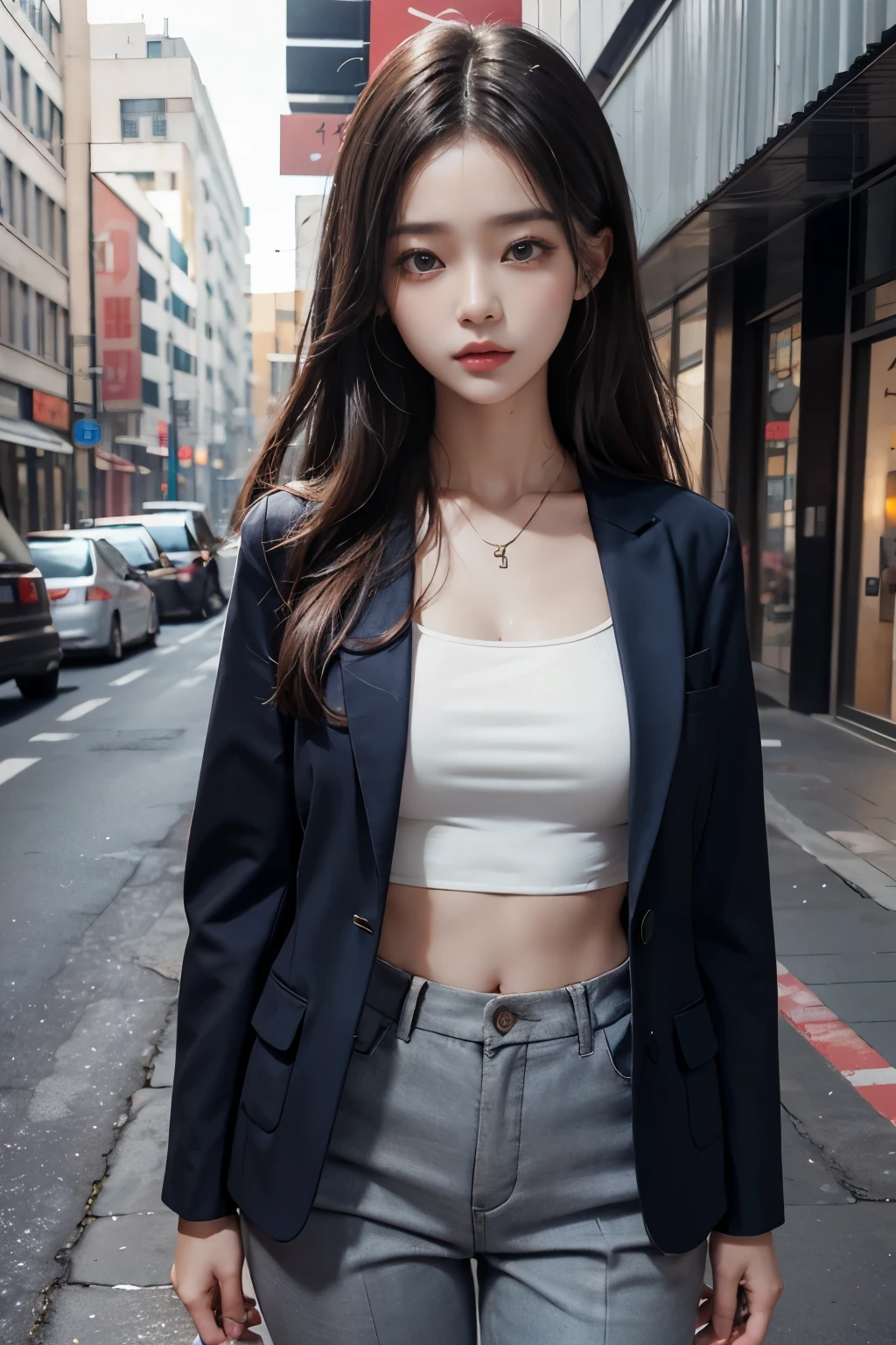 Korean girl, in sidewalk dusk, long straight middle parting hair, tube top, blazer, pants, vibrant colours, gentle light, studio light, 4D painting, 3D animation