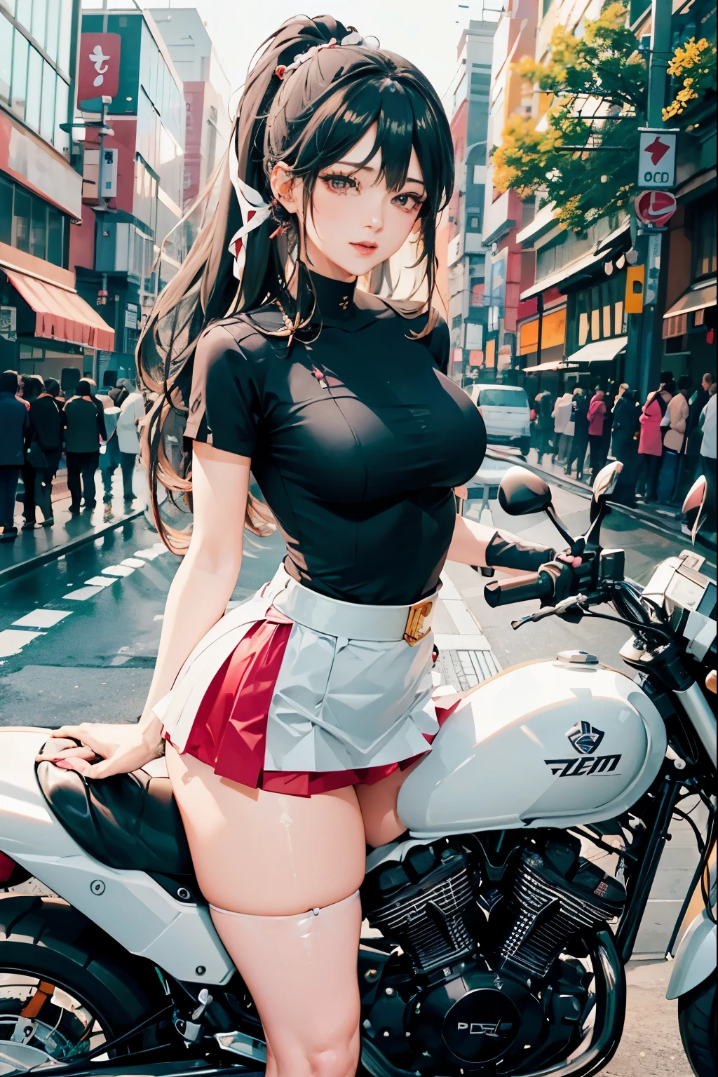 Japan riding a bike,The miniskirt is turning up、white panties、ponytail、beautiful thighs、her knees are up、I can see white pants.、Beautiful panties、beautiful girl、beautiful woman、beautiful woman、lolicon hentai、Beautiful panties、beautiful thighs、beautiful girl、beautiful woman、Happy!!!, , motorcycle,[ realistic pictures ]!!, High resolution,