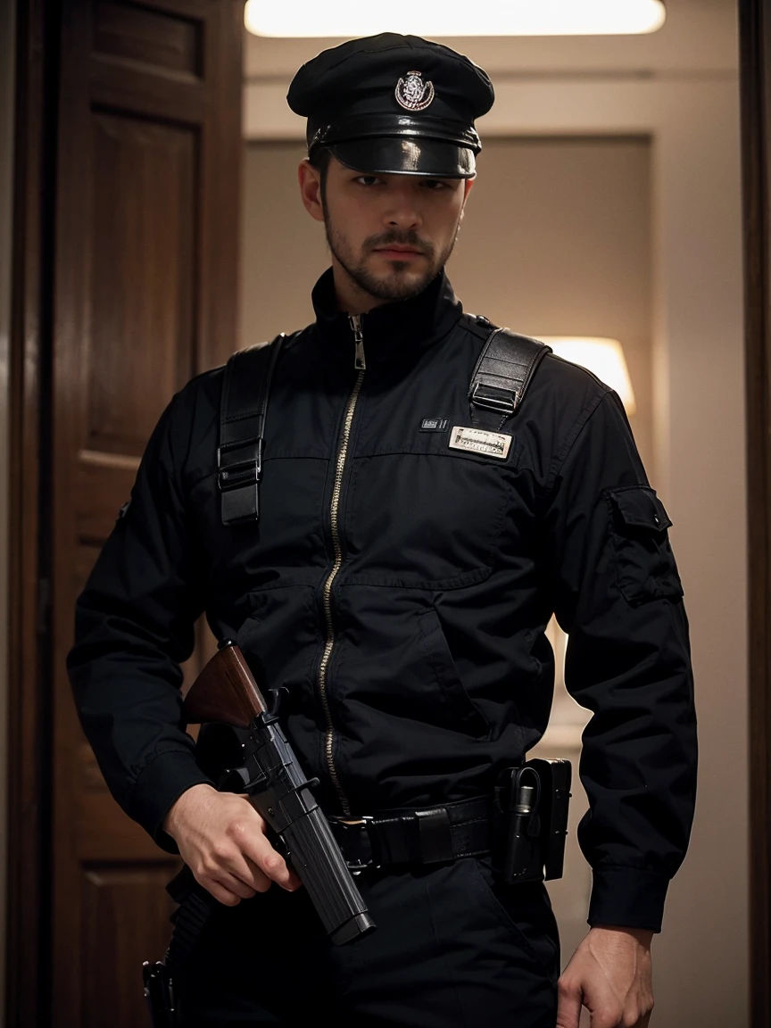 Masterpiece, Best Quality, Very Detailed, 8k, Photorealistic, soft focus, A spy dressed all in black, an excellent operative, holding a pistol in his right hand.