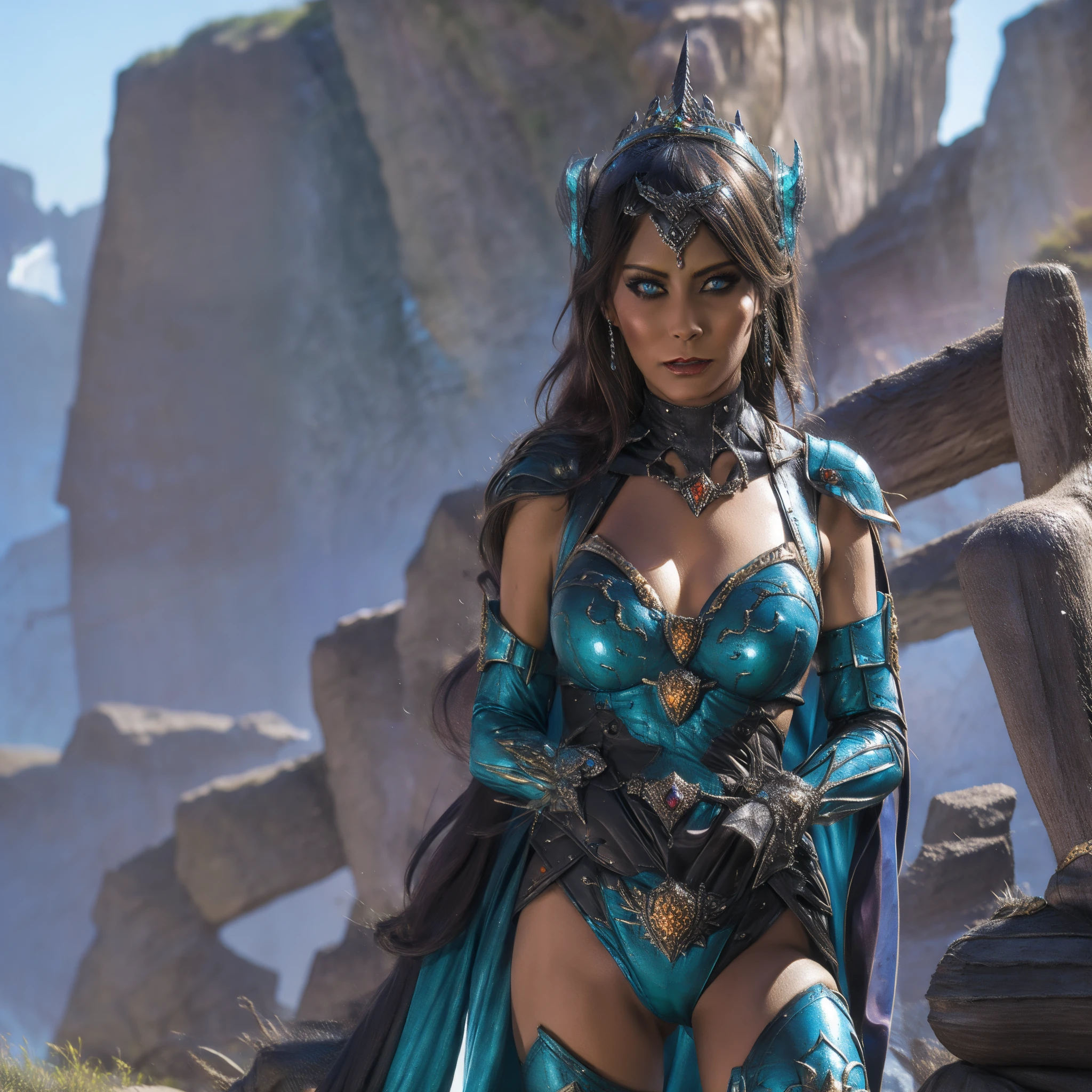 (ultra-detailed,highres,best quality:1.2), sinister Villainess Armored with alien powers and rock-based abilities, elegant Alien Princess adorned in Asymmetrical Stylized Armor in shades of Green and Brown with intricate rock-inspired design, vibrant earth tones, majestic presence, imposing aura, glowing gemstone accents, laser-sharp eyes, ethereal beauty, powerful stance, mystical energy emanating from her hands, flowing cape billowing in the wind, surreal landscape with towering rock formations, lush vegetation, mystical fog, alien artifacts, contrasting light and shadow, atmospheric lighting, otherworldly ambiance