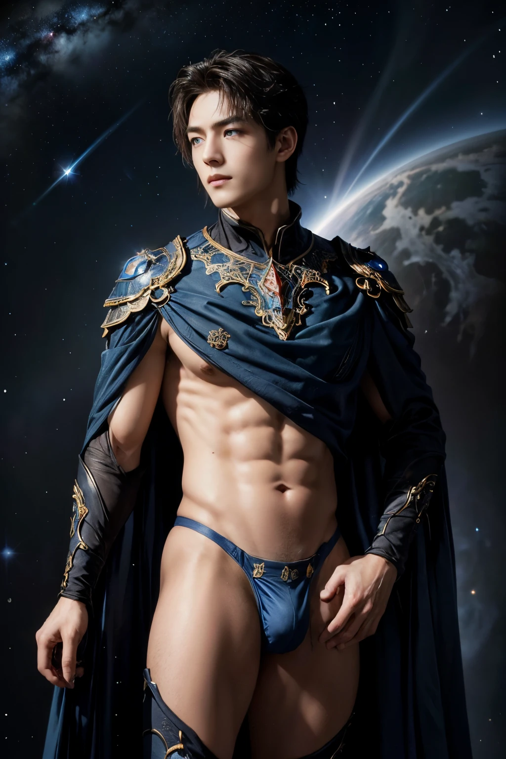 (masterpiece, high resolution, detailed:1.3), a mesmerizing depiction of a (strikingly handsome young man:1.2) donning (sleek and form-fitting thong, bulge:1.2), standing against the backdrop of the vast and mysterious cosmos. His (toned physique:1.2) is bathed in the soft glow of distant stars, creating an otherworldly aura. As he gazes out into the depths of space, his (intense blue eyes:1.2) reflect the wonder and curiosity of his cosmic journey. The intricate details of his attire and the (subtle gleam:1.2) on his skin are meticulously captured, lending an air of realism to the scene. The celestial expanse behind him is a tapestry of (nebulous formations:1.2), (dazzling galaxies:1.2), and (shooting stars:1.2), a breathtaking testament to the beauty of the universe. This artwork melds the allure of a beautiful man with the awe-inspiring vastness of space, evoking a sense of both intimacy and grandeur.