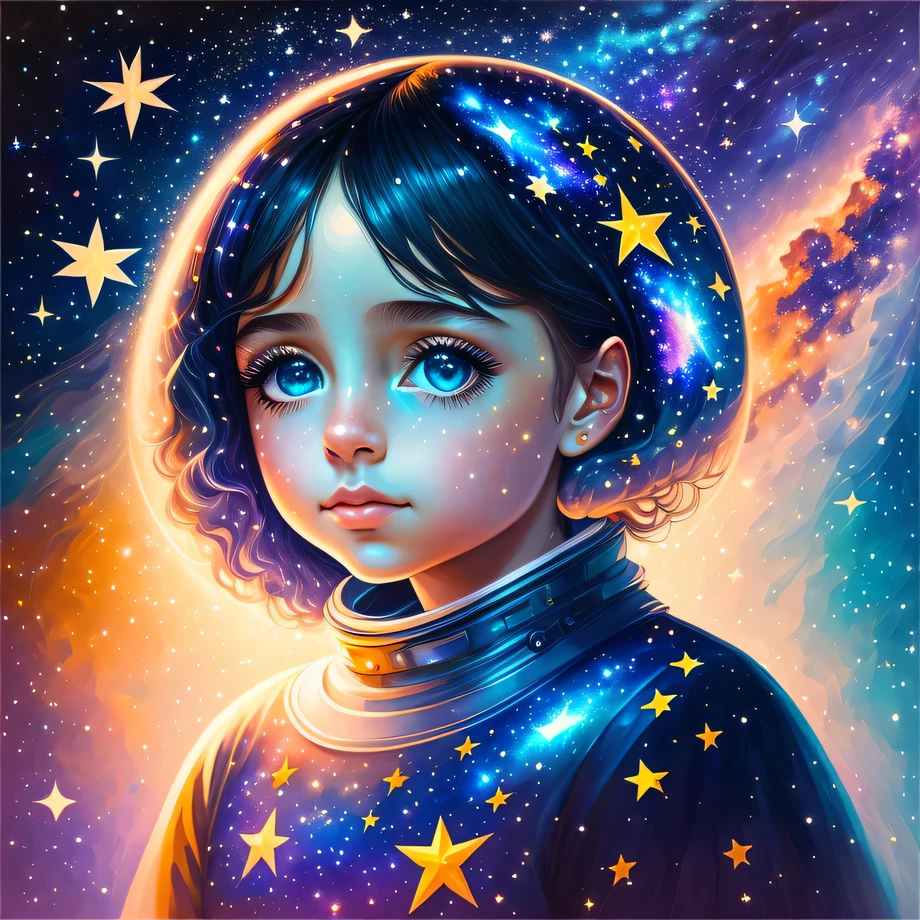 pintura de uma mulher com uma gravata e um fundo cheio de estrela, estrelas em seus olhos de olhar, imagem de arte digital, girl in space, arte digital!!, cosmic girl, No estilo de arte de Bowater, retrato de fantasia digital, pintura digital brilhante, strange portrait with galaxy, arte digital do retrato, em estilo de pintura digital, retrato da fantasia, linda arte digital linda