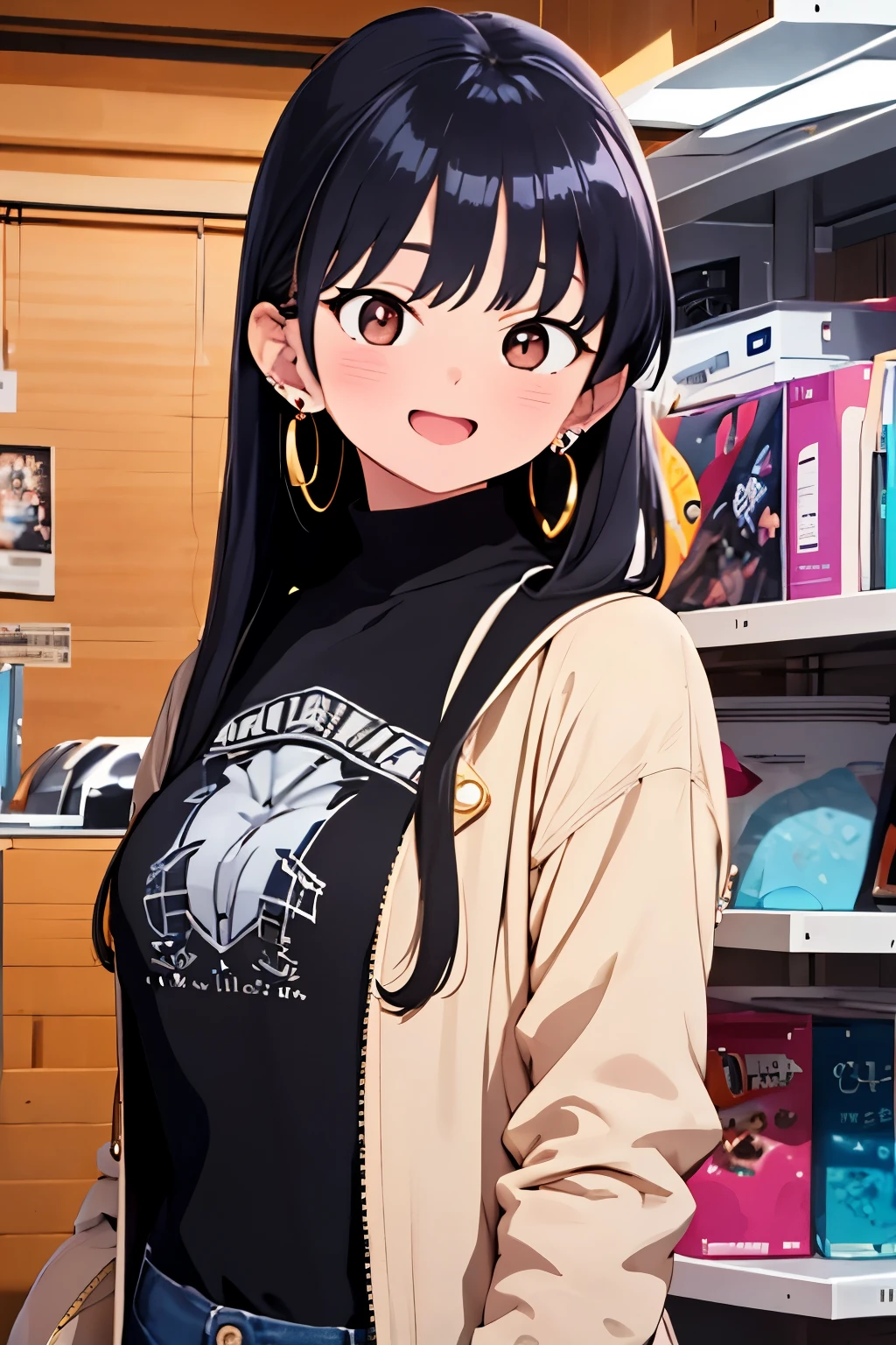 1girl
:d
bangs
black_hair
brown_eyes
crescent_earrings
cross_earrings
earrings
flower_earrings
heart_earrings
hoop_earrings
jewelry
long_hair
looking_at_viewer
open_mouth
piercing
ponytail
smile
solo
stud_earrings
rating:safe