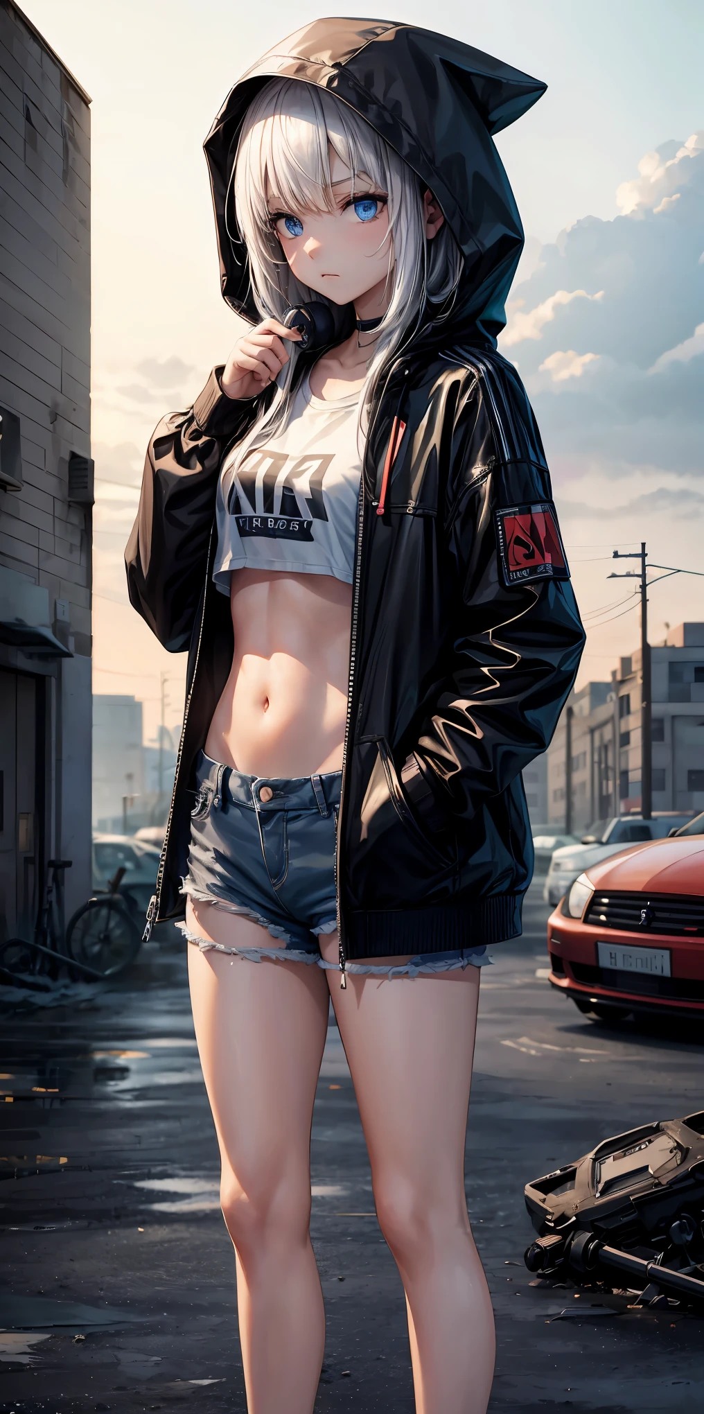 masterpiece:1.2, high quality, best quality, detailed_background,Dimly lit sky,outdoors,Ruined towns,highres,Broken Cars,Broken Buildings,Parka,shorts,wide sleeves,Upper body,headphones around neck,Glaring,blue eyes,Long hair,white hair, blue colored inner hair,bob cut,short bangs,disheveled hair,hood up,midriff,navel,crossed arms,standing,See Zombies,hand between legs,1 girl,bare legs,sad,thighs,upset,leaning forward,full body