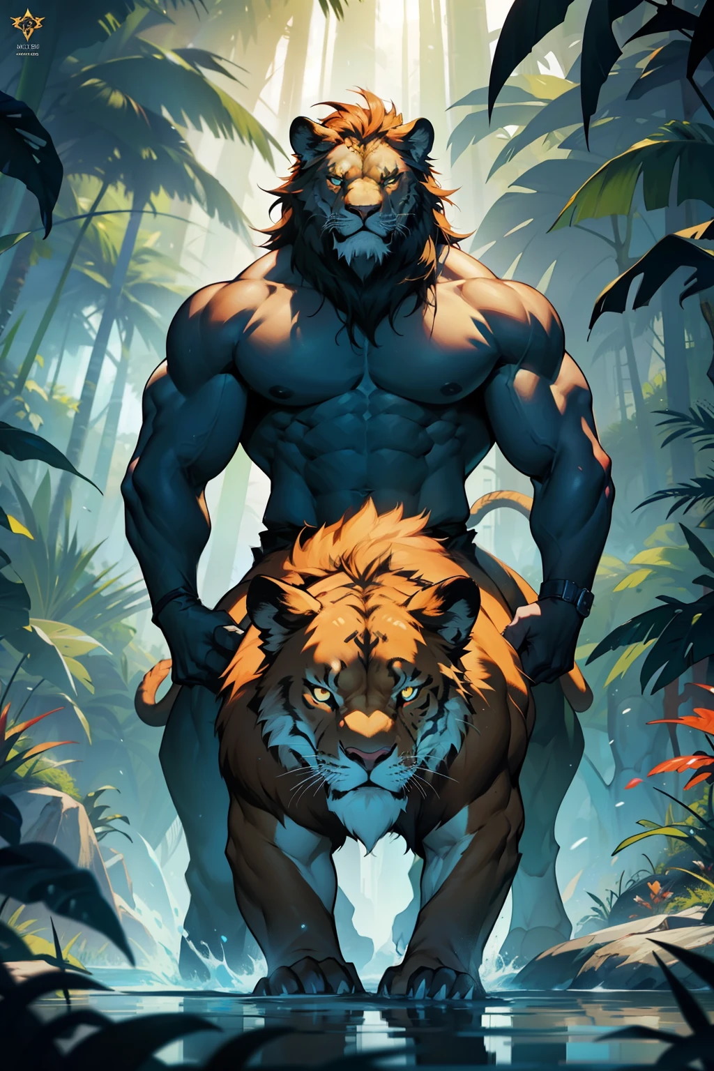 Title: "Clash of the Jungle Titans: Lion vs. Octopus"

[Comic Book Cover]

In the heart of a vibrant, knightcore jungle, a thrilling battle unfolds between the king of the beasts and the ocean's most elusive predator. The scene is bathed in a dynamic interplay of light white and dark orange hues, setting the stage for an epic encounter.

At the forefront, the mighty lion stands proudly on all fours, its muscular body adorned with intricate, Nabis-inspired patterns that accentuate its joints and connections. A fierce determination gleams in its golden eyes