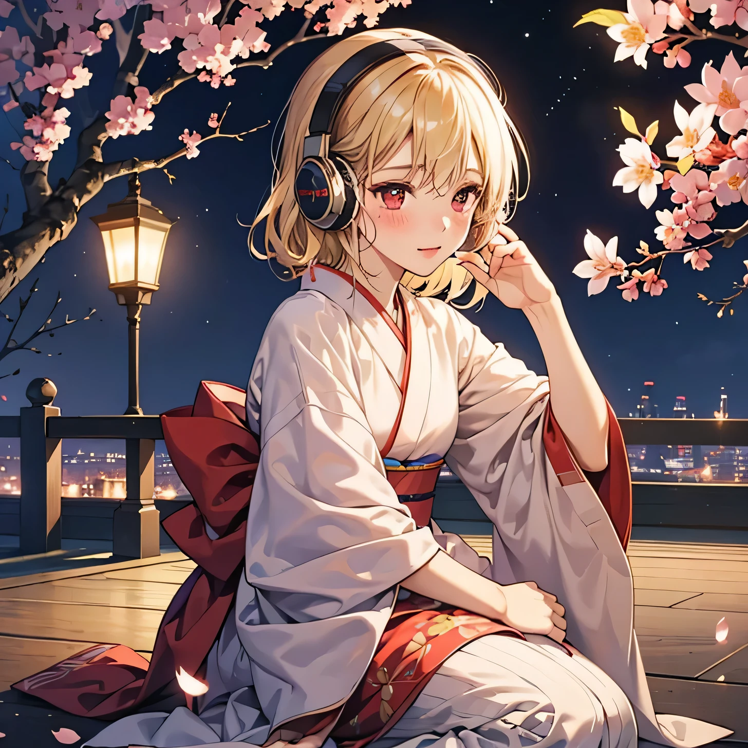 blush、blonde、red eyes、美しい女の子がalone、listen to music、headphones and soul、alone、kimono、lonely、cherry blossoms、night、Month -- automatic