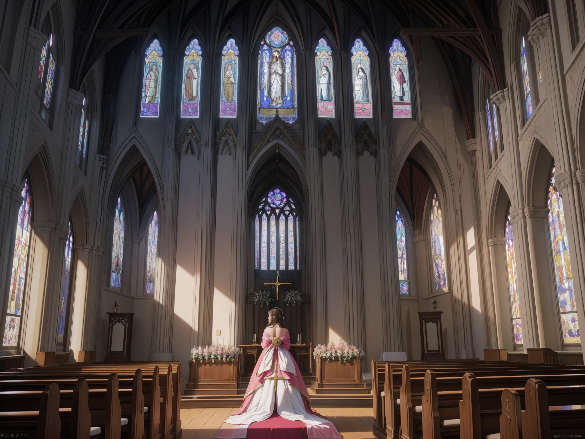 (highest quality,4k,8k,High resolution,masterpiece:1.2),super detailed,(realistic,photorealistic,photo-realistic:1.37),, Aerith Gainsbourg, choker, cropped jacket, hair ribbon, bracelet, pink dress, ((Inside the church, Sleeping quietly on one&#39;s back on the altar of a chapel)), Decorate your body with many beautiful flowers on the altar, In the funeral scene for Aerith who passed away.、Inside the church, Inside the chapel, stained glass window, The composition is bathed in light from the ceiling., 