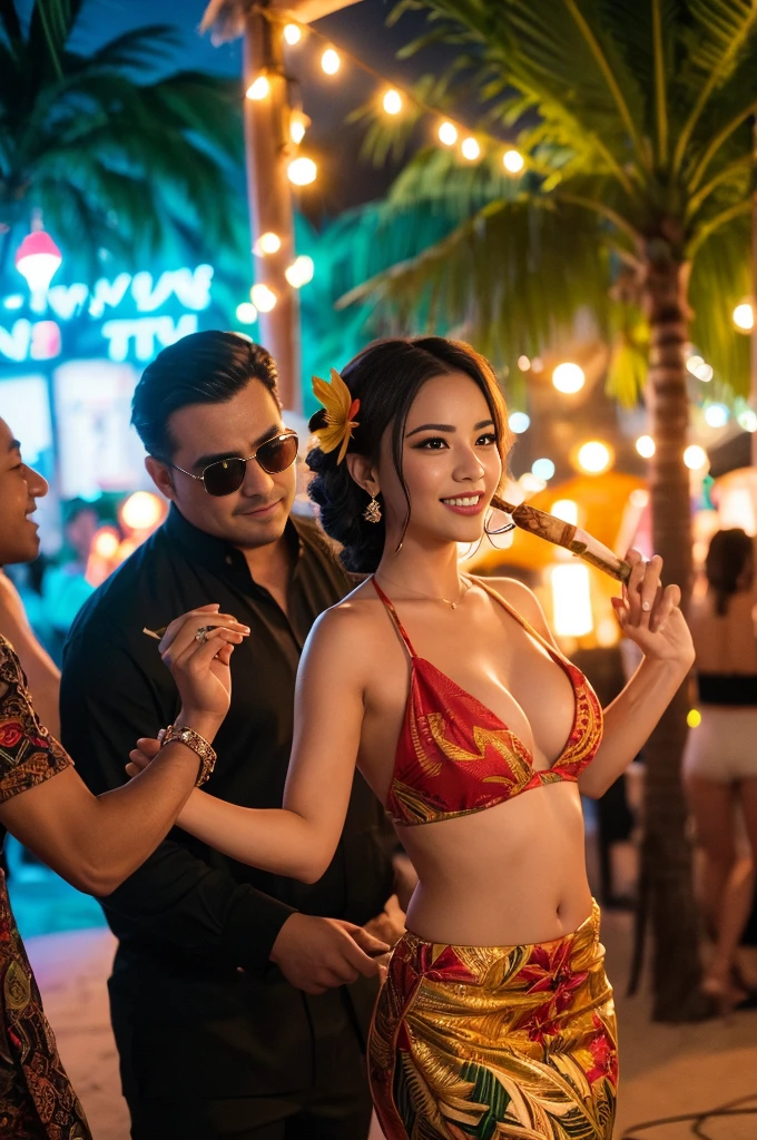 (a smoking hot woman,25,party outfit, she is a secret agent, she is hiding a tracking device on Devito),(short obnoxious guy,danny devito look-alike),(tiki bar),(best quality,4k,8k,highres,masterpiece:1.2),ultra-detailed,festive atmosphere,vibrant colors,cheerful mood,intimate setting,exotic cocktails,fancy decorations,lively music,tropical vibes,stunning sunset,lit tiki torches,steamy ambiance,dance floor,socializing,good times,joyful laughter,fun-filled evening,energetic crowd,(portrait,photography:1.2),(bokeh,soft focus,dramatic lighting),(colorful,contrasting lightischievous,flirtatious glances),(dynamic poses,body language),(playful interaction)