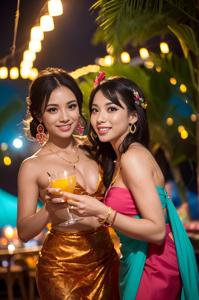 (a smoking hot woman,25,party outfit, she is a secret agent, she is hiding a tracking device on Devito),(short obnoxious guy,danny devito look-alike),(tiki bar),(best quality,4k,8k,highres,masterpiece:1.2),ultra-detailed,festive atmosphere,vibrant colors,cheerful mood,intimate setting,exotic cocktails,fancy decorations,lively music,tropical vibes,stunning sunset,lit tiki torches,steamy ambiance,dance floor,socializing,good times,joyful laughter,fun-filled evening,energetic crowd,(portrait,photography:1.2),(bokeh,soft focus,dramatic lighting),(colorful,contrasting lightischievous,flirtatious glances),(dynamic poses,body language),(playful interaction)