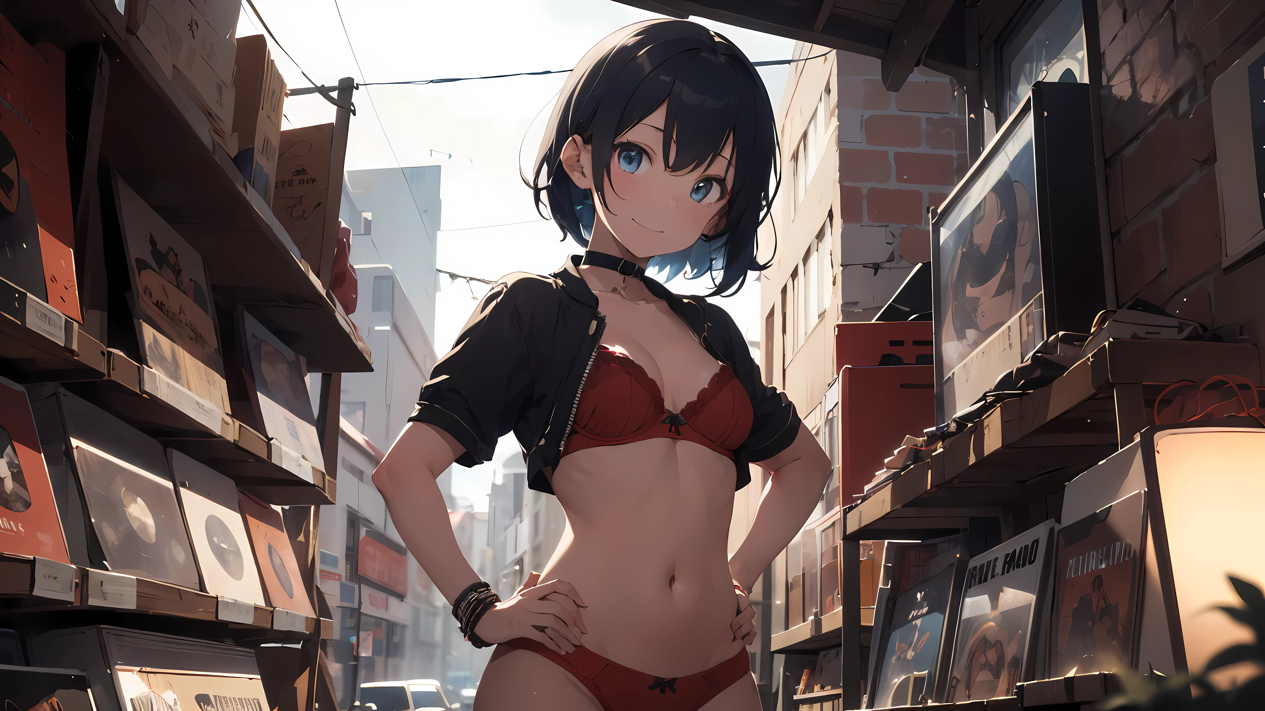 ((1girl)), 18 year old girl, short blue hair, big sad eyes, sweet smile, small breasts, thin hips, choker collar, wrist bracelets, red bra, red panties, standing, hand on hip, record store, records, vinyl, open door, open window, evening, nighttime, dramatic lighting, cinematic lighting, masterpiece, best quality