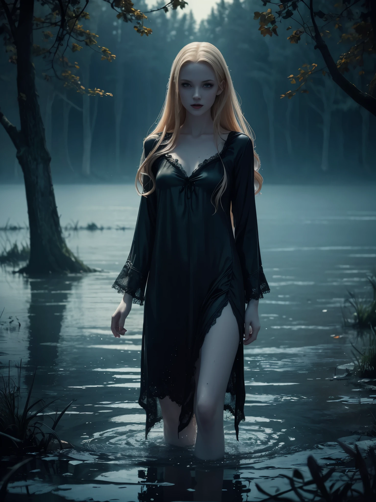 ((Night)) ((a deserted lake)) 3 Vampire women, (full body), 1 brunette, 1 blonde, 1 redhead, pale skin, fangs bared, sexy pale nightgown, looking at viewer, rises out of the water, soaking wet. style of a painted book illustration, dramatic lighting, (depth of field), ((masterpiece)), ((best quality)), ((highly detailed))