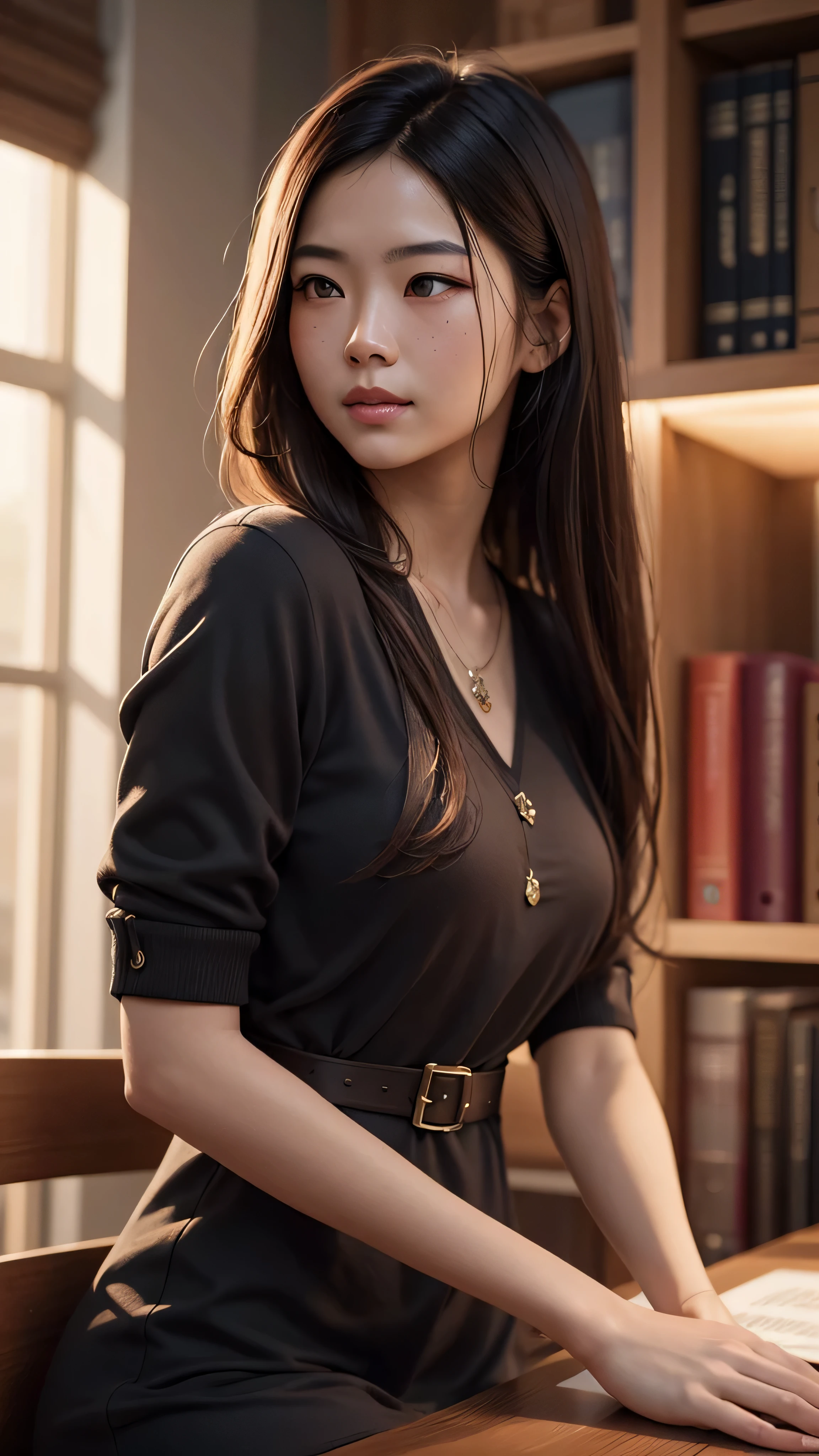 ((best quality: 1.5)) ((masterpiece: 0.8)), intricate details, sharp focus, professional, real life, realistic representation of the face, dim volumetric lighting, dynamic pose, in the style of realistic and hyper detailed renderings BREAK ((((detailed asian woman, ((natural, loose-fitting red black dress, modest, law office, student, study, library, chin up, playful, smirking, athletic, looking away))), golden hour, ((long hair, [dark hair:blonde hair:0.8]), [flat chest:medium breasts:0.8]))), freckles: 0.6), photorealistic, hyper-realistic, 8K