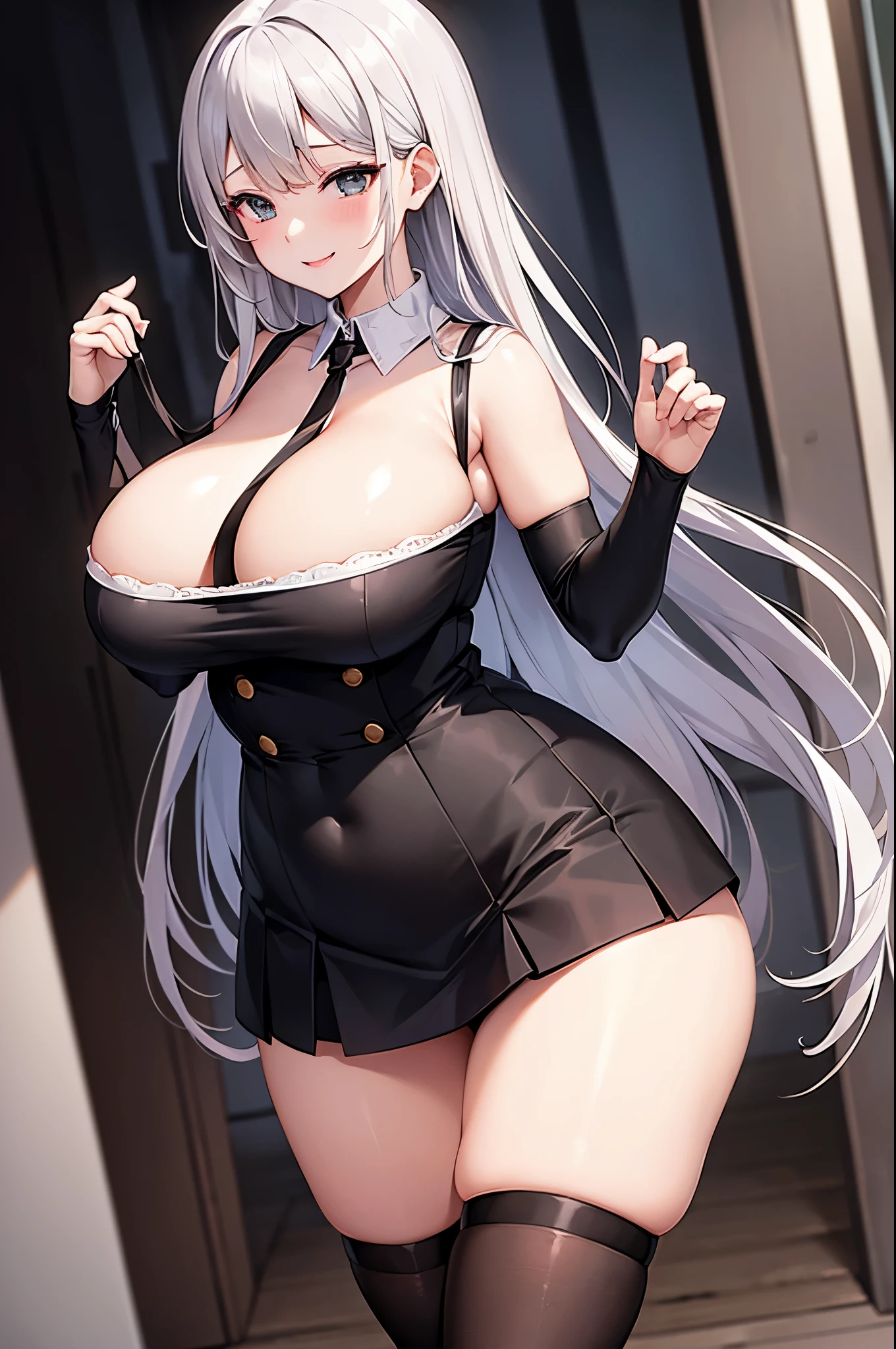 masterpiece,high resolution、((Elegant beauty))、big breasts、white skin、black underwear、uniform、mini skirt、[plump thighs and stomach]、bewitching smile
