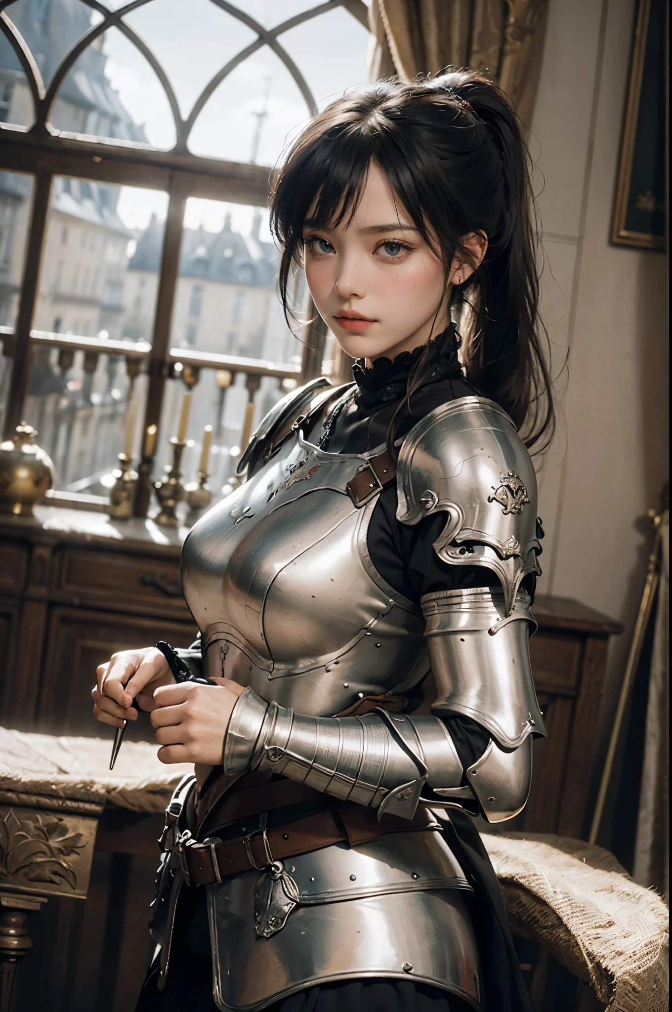 ((wide angle shot of the Hundred Years' War in France)), a beautiful woman, black hair in a ponytail, bangs, wearing Jeanne d'Arc armor