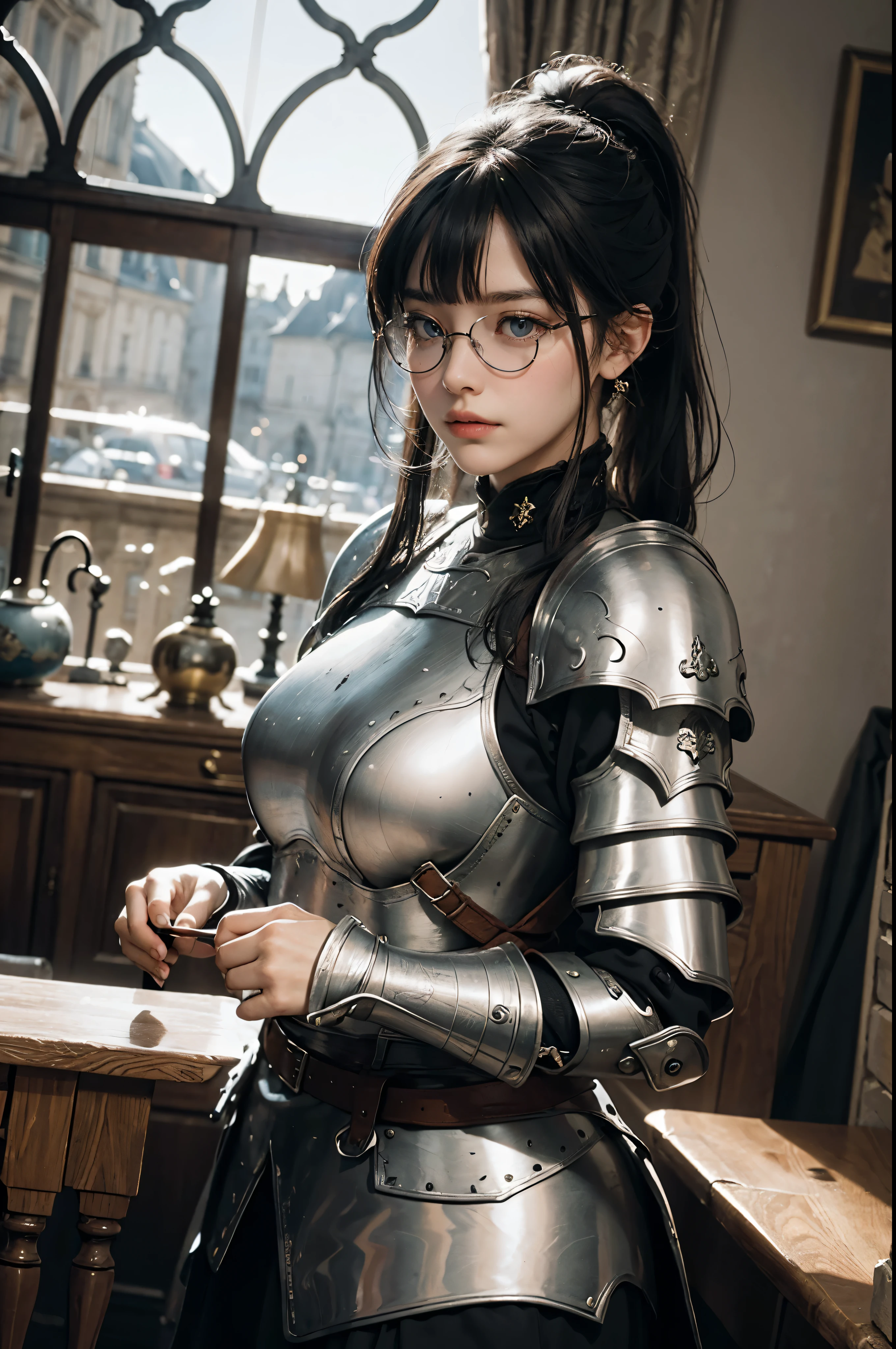 ((Wide angle view of the Hundred Years' War in France)), beautiful young woman, black hair in a ponytail, smooth, wear glasses, สวมชุดเกราะของ Jeanne d'Arc, (((Wear thick frame glasses.)))