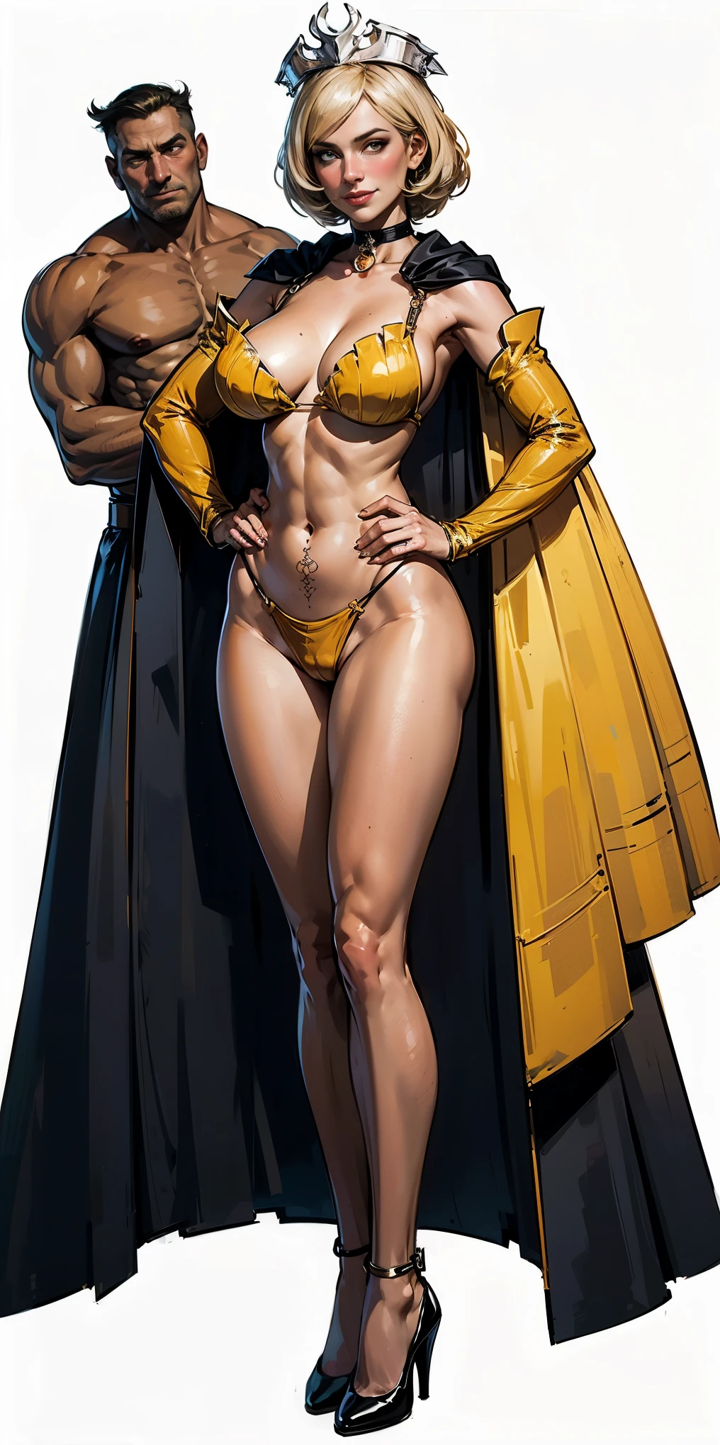 Two long thighs, yellow eyes, blonde hair, short hair, large breasts, detached sleeves, very white background, royal tiara, long cape, yellow tiger bikini, high heels, hands on hips. red tattoo on belly navel, full body female MILF BIMBO, lustful smirking smile face (red blush), metal shoulders, golden bracers sleeveless, black choker sex slave