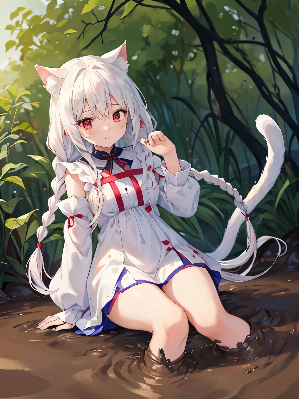 masterpiece, 最OK质量, beautiful, high resolution, perfect anatomy, top quality、 8k、 red eyes, white hair, long hair, A cluster of braids around one eyebrow, white cat ears, white cat tail, a beautiful girl、 OK、 beautiful头发、 beautiful eyes、 Beautiful skin、beautiful legs、beautiful手臂、perfect fingers、 Very cute、 Very kawaii、shed tears, She struggled in the muddy swamp, Her legs were stuck in the mud, a look of despair on her face (despair:1.0). Covered in mud."