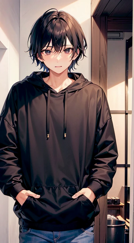 masterpiece,1 male,adult,alone,black hair,brown eyes,hoodie,garden,Upper body,semi-long