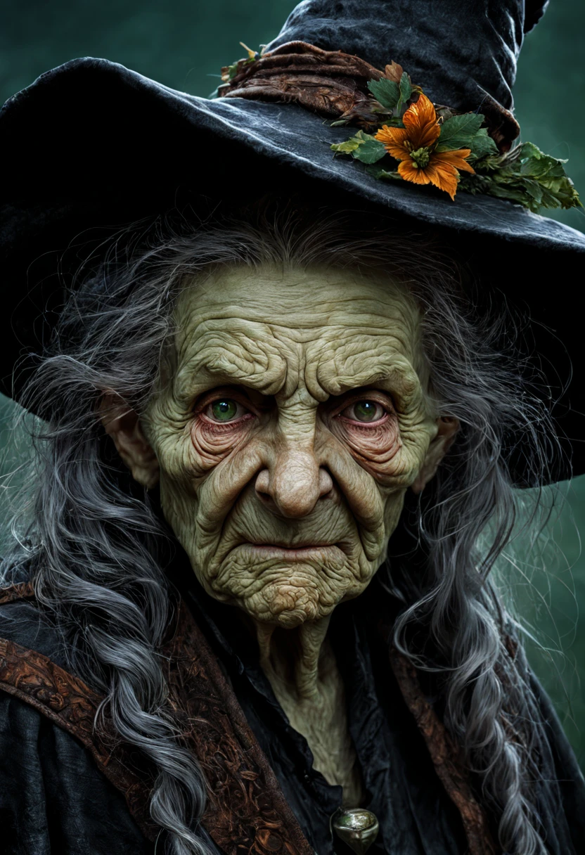 witch style , horrifying style , Realistic style , a masterpiece by Anato Finnstark , An old witch , A body full of wrinkles , the witch wearing witch hat , witch body , very detailed and clear body , amazing face , old face , witch face , amazing eyes , witch eyes , Green eyes , amazing skin , Skin full of wrinkles , big nose , witch nose , white hair , amazing hair , old witch clothes , amazing clothes , amazing colors , colorful colors , charming colors , very detailed and beautiful colors , amazing background , charming background , very detailed and beautiful background , very high-resolution picture 