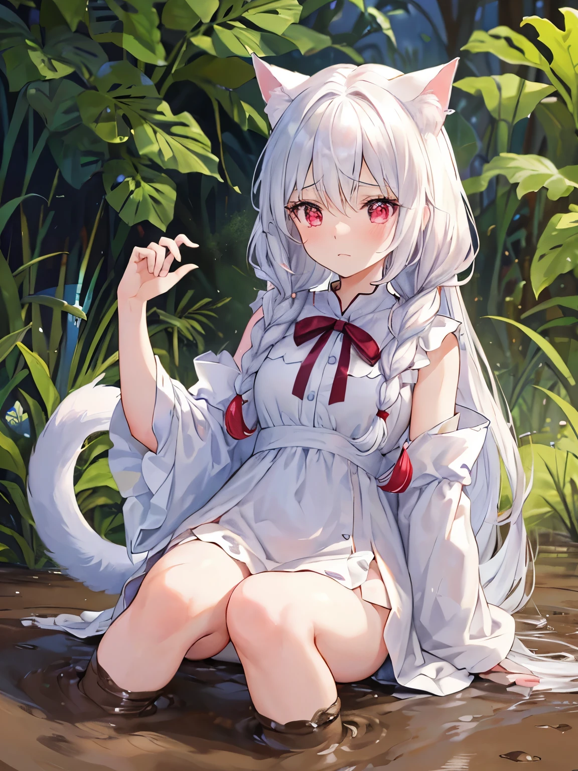 masterpiece, 最OK质量, beautiful, high resolution, perfect anatomy, top quality、 8k、 red eyes, white hair, long hair, A cluster of braids around one eyebrow, white cat ears, white cat tail, a beautiful girl、 OK、 beautiful头发、 beautiful eyes、 Beautiful skin、beautiful legs、beautiful手臂、perfect fingers、 Very cute、 Very kawaii、shed tears, She struggled in the muddy swamp, Her legs were stuck in the mud, a look of despair on her face (despair:1.0). Covered in mud."