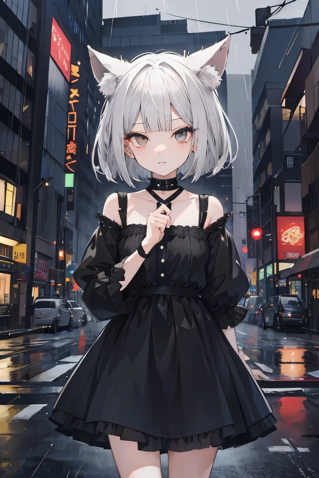 1 gray hair girl,bob cut,black kemomimi,City of night,rain,black dress,No expression