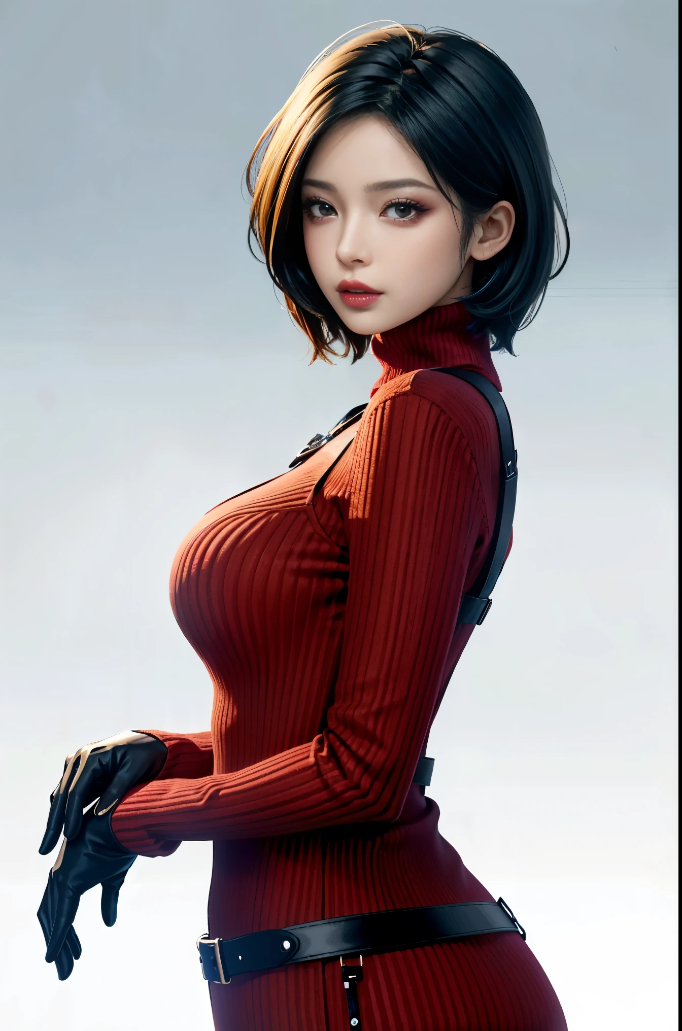 (masterpiece, best quality)
AdaWongRE,  1girl, solo, breasts, looking at viewer, short hair, large breasts, black hair, gloves, brown eyes, multicolored hair, belt, two-tone hair, sweater, lips, bodysuit, makeup, lipstick, ribbed sweater, realistic
