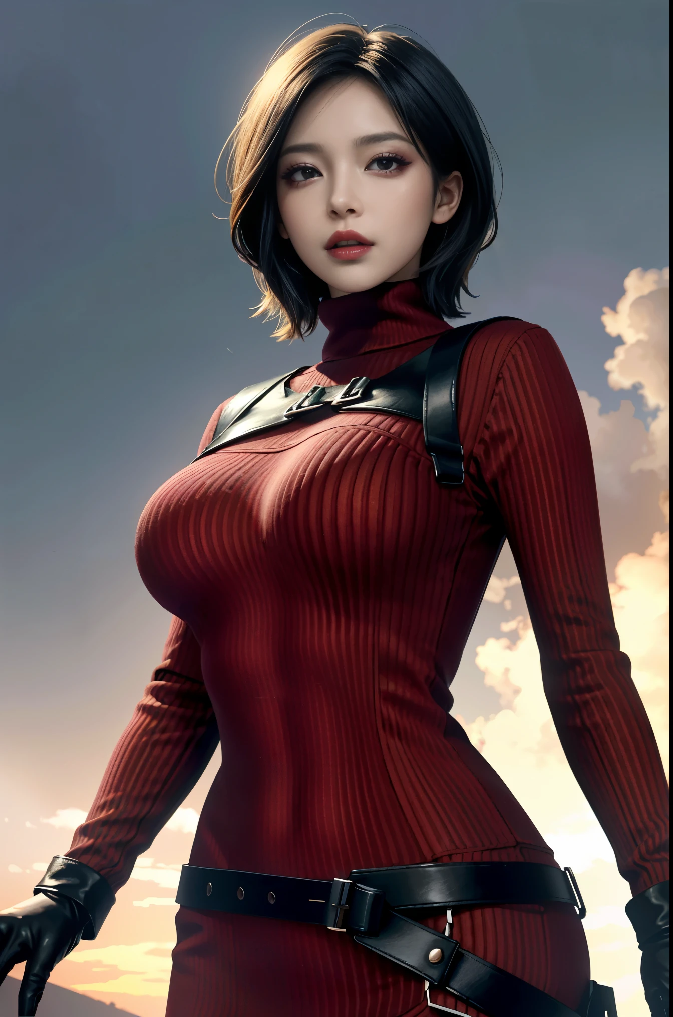 (masterpiece, best quality)
AdaWongRE,  1girl, solo, breasts, looking at viewer, short hair, large breasts, black hair, gloves, brown eyes, multicolored hair, belt, two-tone hair, sweater, lips, bodysuit, makeup, lipstick, ribbed sweater, realistic
