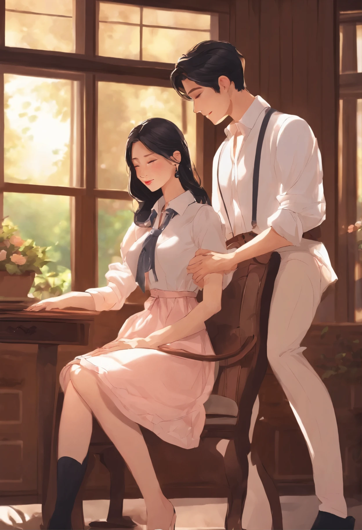 Male and female couples The girl sits in a chair,Wear tight skirts and shirts。The boys hugged each other from behind。Place your hands on your chest。
