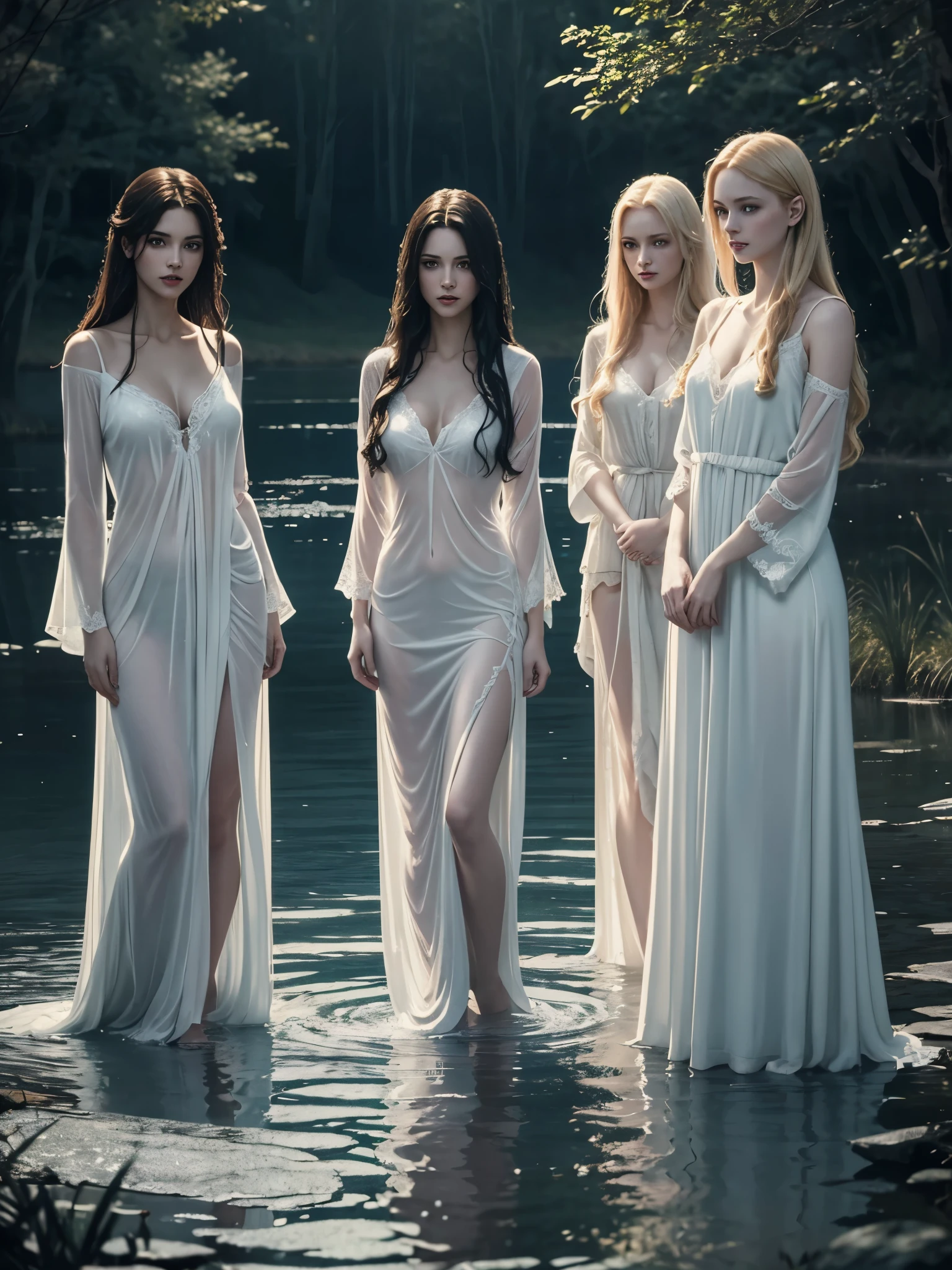 ((Night)) ((a deserted lake)): Three ethereal vampire women, **(full body)**, one brunette, one blonde, and one redhead, each with pale, **(pale skin)** and bared fangs. Draped in **(sexy pale see-through nightgowns)**, they rise out of the lake, their **(long, flowing hair)** soaking wet. This scene is captured in a **(style of a painted book illustration)** with **(dramatic lighting)**. By the **(depth of field)**, the women are the **(masterpiece)** of this image, their **(detailed features)** becoming **(best quality)** and **(highly detailed)**.