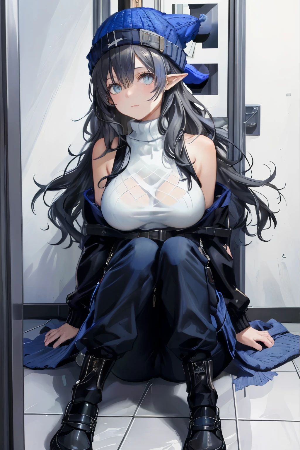 best quality, masterpiece, high resolution, photo,  1girl, large breasts, long hair,hear ornament
,indoor, ,(white turtleneck:1.2):, (long cargo pants:1.2), (blue knit cap:1.4), (covered nipples:0.8)
, highmore, pointy ears,   in changing room, sitting on floor