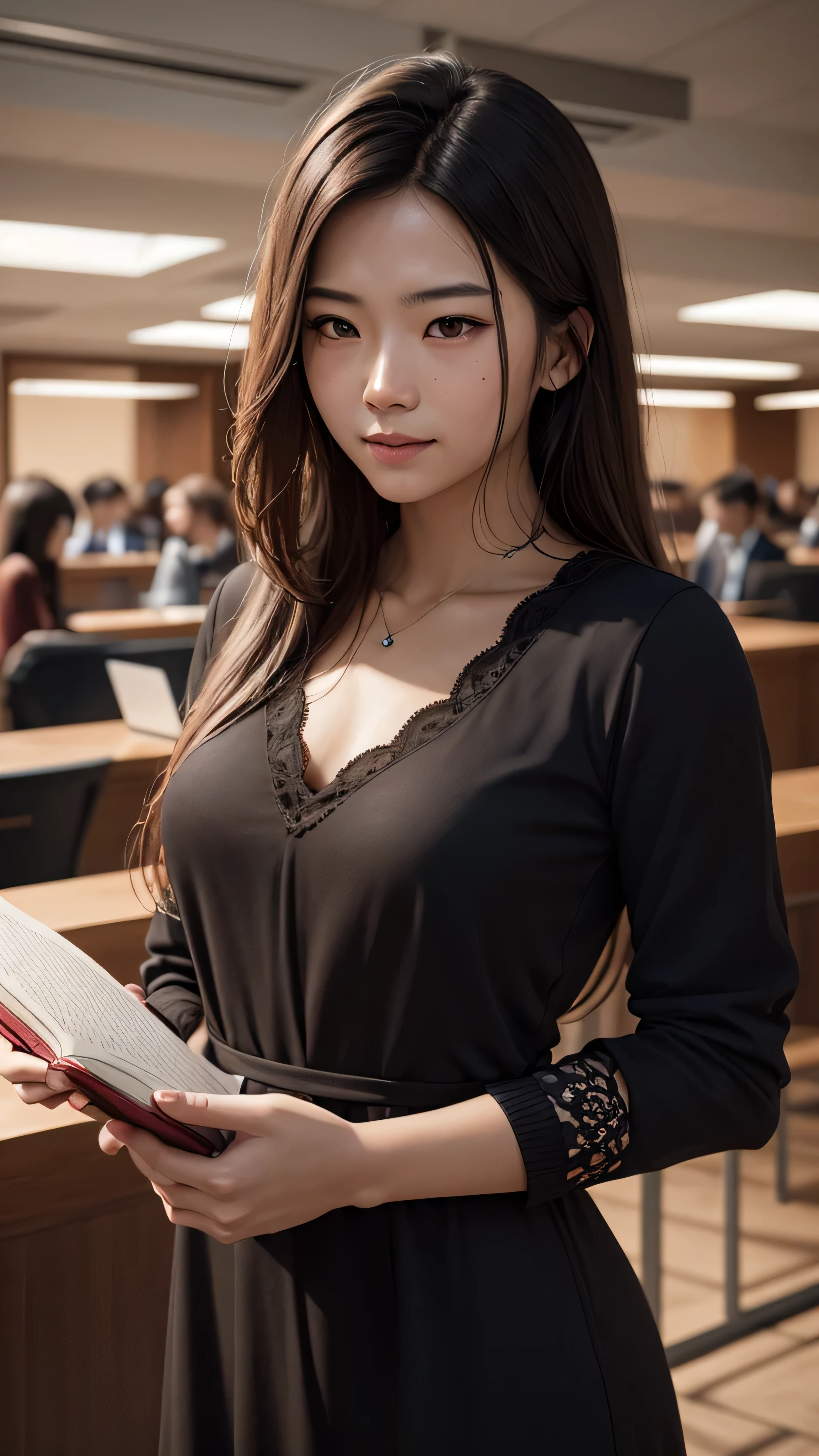 ((best quality: 1.5)) ((masterpiece: 0.8)), intricate details, sharp focus, professional, real life, realistic representation of the face, dim volumetric lighting, dynamic pose, in the style of realistic and hyper detailed renderings BREAK ((((detailed asian woman, ((natural, loose-fitting red black dress, modest, law office, student, study, library, chin up, playful, smirking, athletic, looking away))), golden hour, ((long hair, [dark hair:blonde hair:0.8]), [flat chest:medium breasts:0.8]))), freckles: 0.6), photorealistic, hyper-realistic, 8K