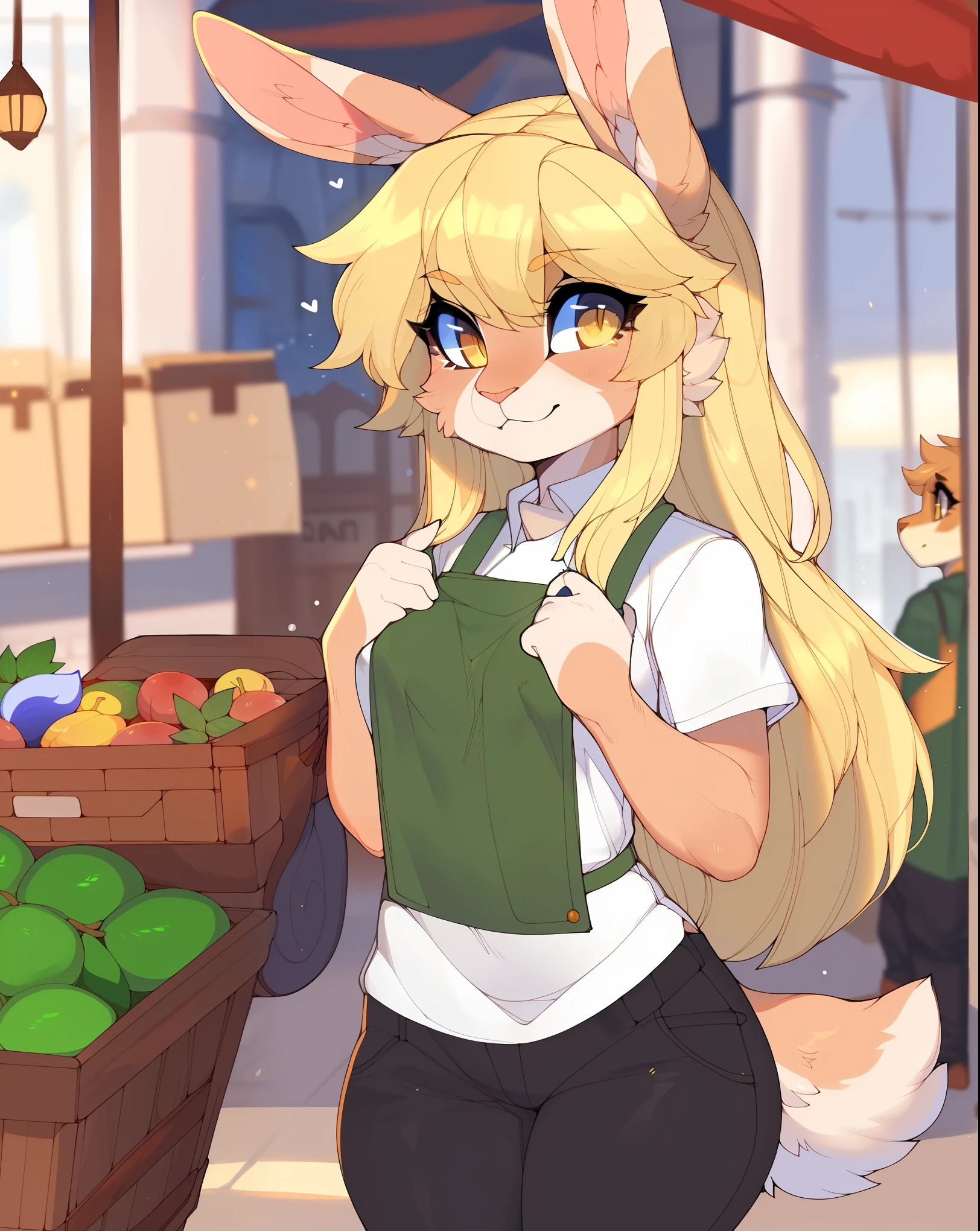 sfw, (highly detailed), ((Masterpiece)), ((Best Quality)), by claweddrip, by ressue, by pudgeruffian, by fleet-foot, by thericegoat, furry, anthropomorphic, solo, slim body, female, rabbit, rabbit tail, (lop ears:1.4), blonde hair, long straight hair, (beige fur:1.2), yellow eyes, bright eyes, medium breast, (white shirt:1.2), (green apron:1.2), (black pants:1.2), market scenery, carrying one basket full of fruit