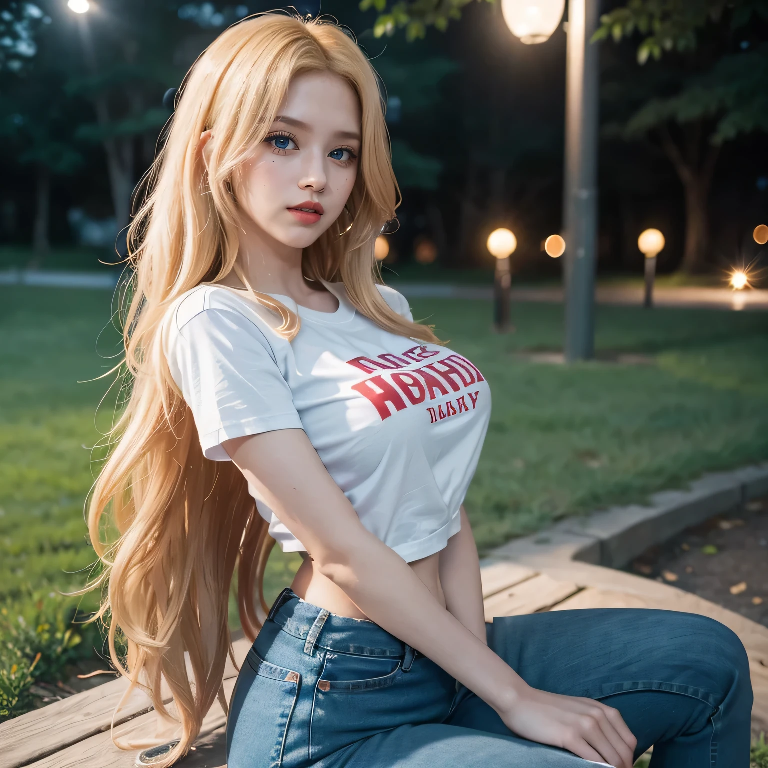 1 chica, (Blue Eyes), (risita :1.2), (Sana Minatozaki), Caderas anchas, tetas grandes, gran culo, (Mejor calidad, 8K, Obra maestra: 1.3), Enfoque claro: 1.2, Belleza del cuerpo perfecto: 1.4, abdominales fuertes :1.2, textura muy detallada de la cara y la piel, ojos detallados, double eyelids, ojos delineados de negro, labios rojos(pelo largo rubio), Camiseta mini, vaqueros, de pie, mirando la camara, sitting in a parque de noche, parque de noche, tira de bombillas en el fondo, profundo en el campo, fondo borroso