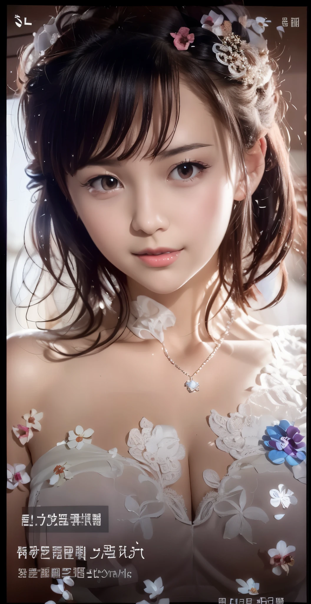 (((Pixel perfect, Perfect details))), alone, 1 girl, yuigahama yui,  Close-up of beautiful bride wearing beautiful wedding dress,Gurwitz, (bridal veil:1.5），（transparent short veil：1.5），blush，eye shadow，Blushing face，Head flower，headgear，bouquet，（tube top wedding dress：1.5），（silk dress：1.2）,（strapless wedding dress：1.5）,pure white dress，necklace，earrings，(large breasts:1.3)，Bangs，lipstick，（White long elbow gloves：1.4）,full-body shot,High-detail RAW color art,White long skirt，There is only one railway track in the whole body，(standing on the railroad tracks:1.3),18 years old, （long twintails：1.5）,(double bun:1.5), black hair