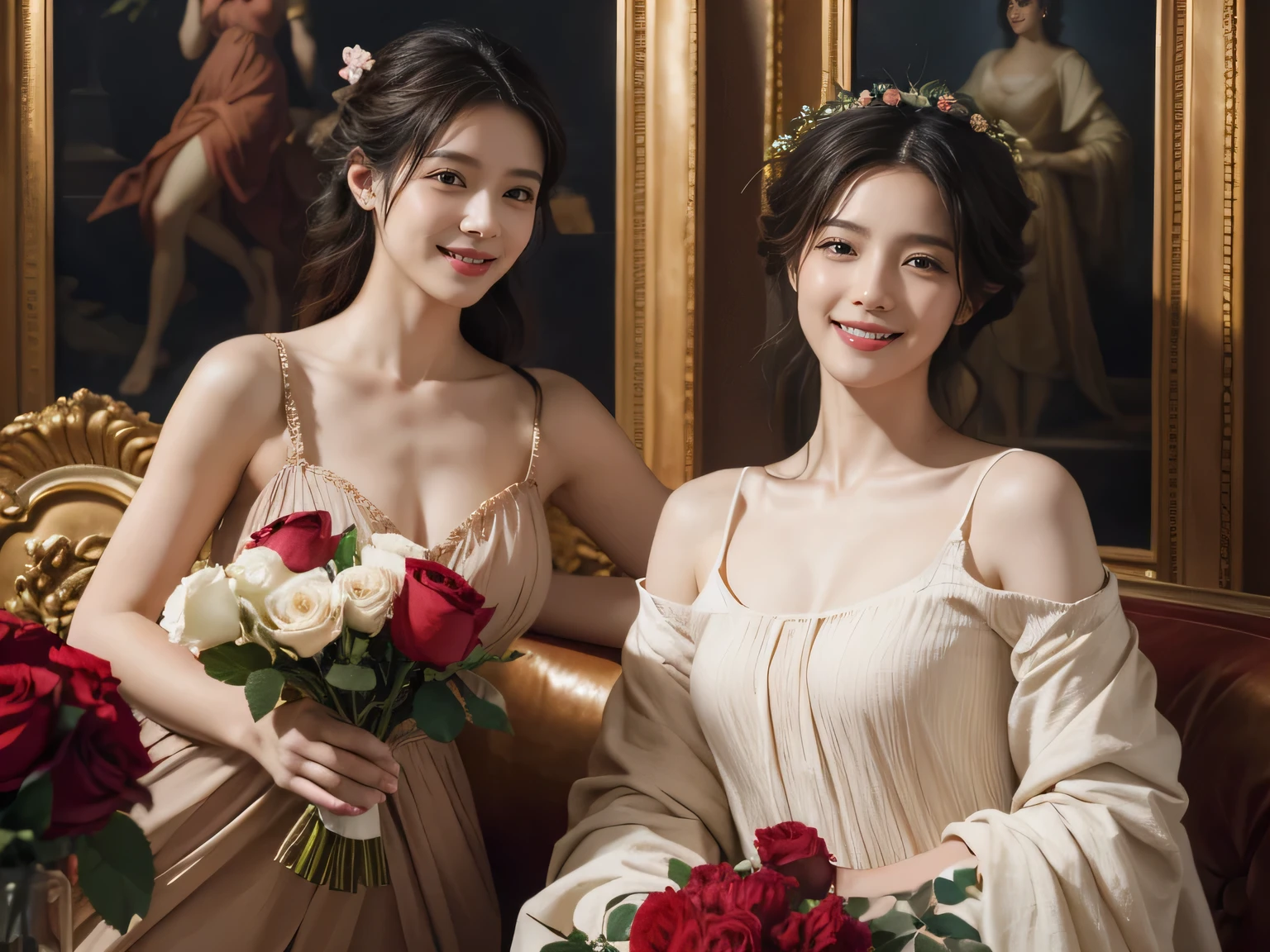Jacques-Louis David painting style,Arguments of two female Philosophe,ath、astronomical machine、astronaut、roses in vase、fruits、Cute trinkets、smile、ancient greek costume、Clothes that stretch your shoulders、A big smile、beautiful bare skin、A detailed representation of the seducing woman throughout her body.